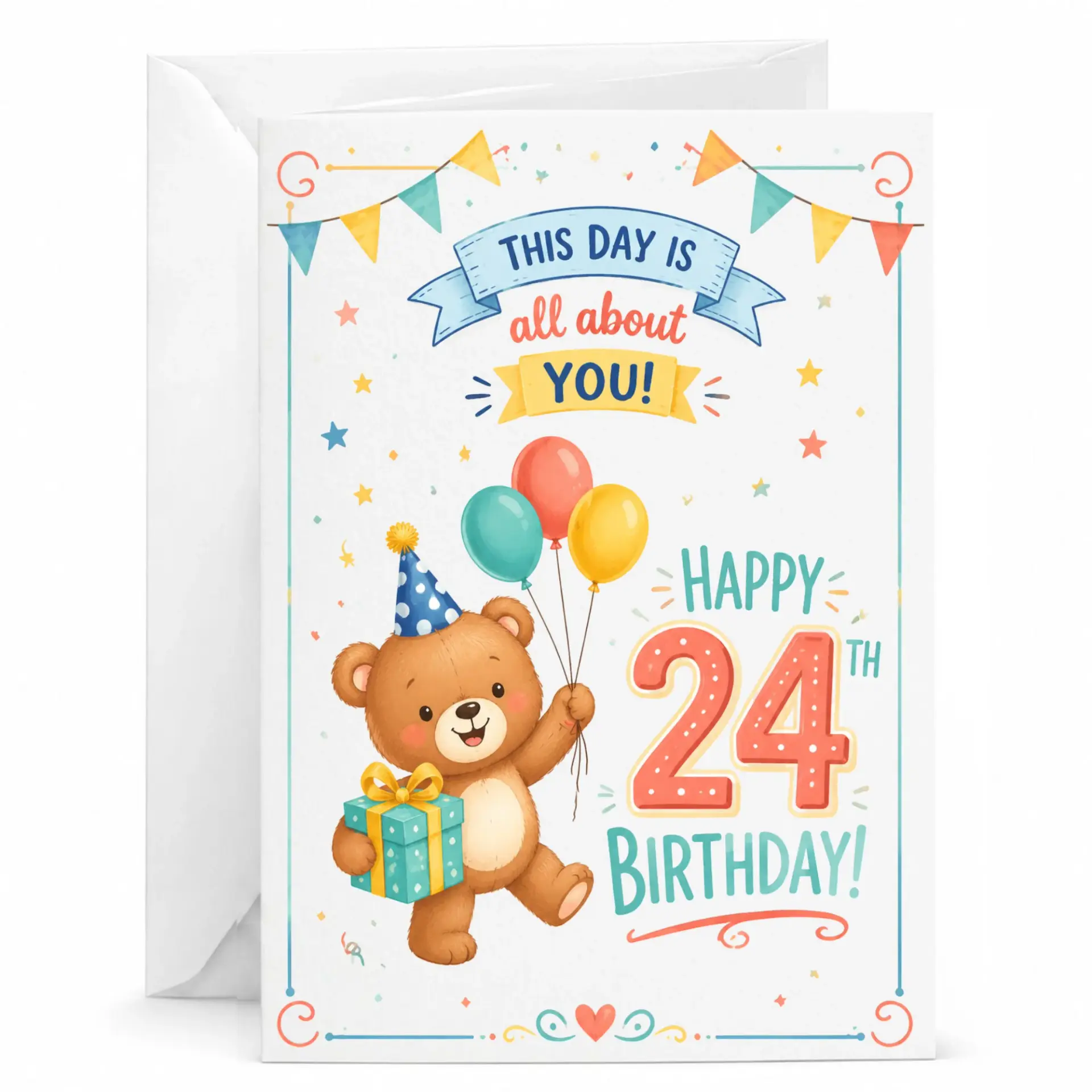 Birthday Card Celebrating 24th Birthday Featuring Cute Teddy Bear Design and Colorful Festive Party Decorations