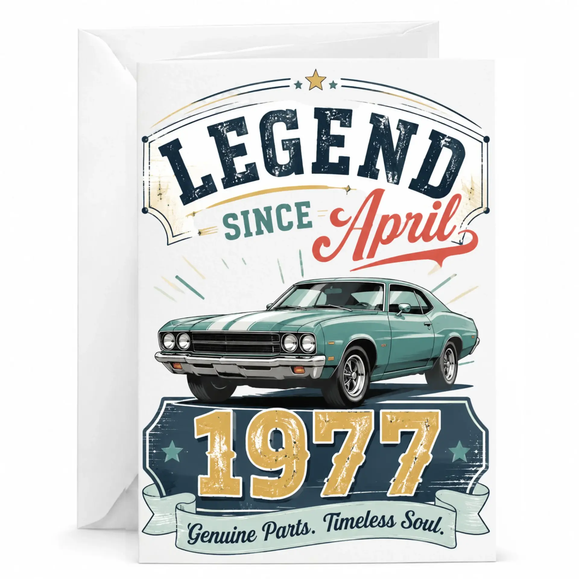 Greeting Card Legend Since April 1977 Vintage Car Design for Birthday Celebration Enthusiasts and Classic Auto Fans