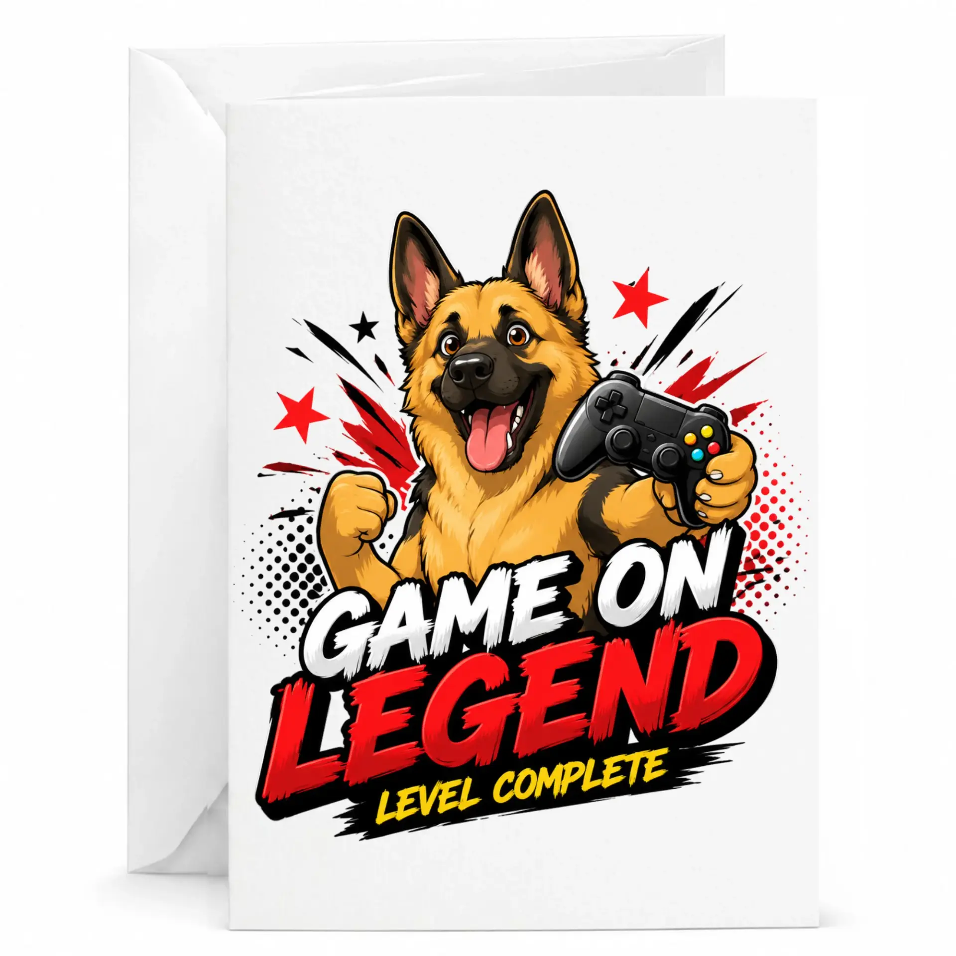 Funny Greeting Card Game on Legend Level Complete with German Shepherd Dog Video Game Illustration for Birthday