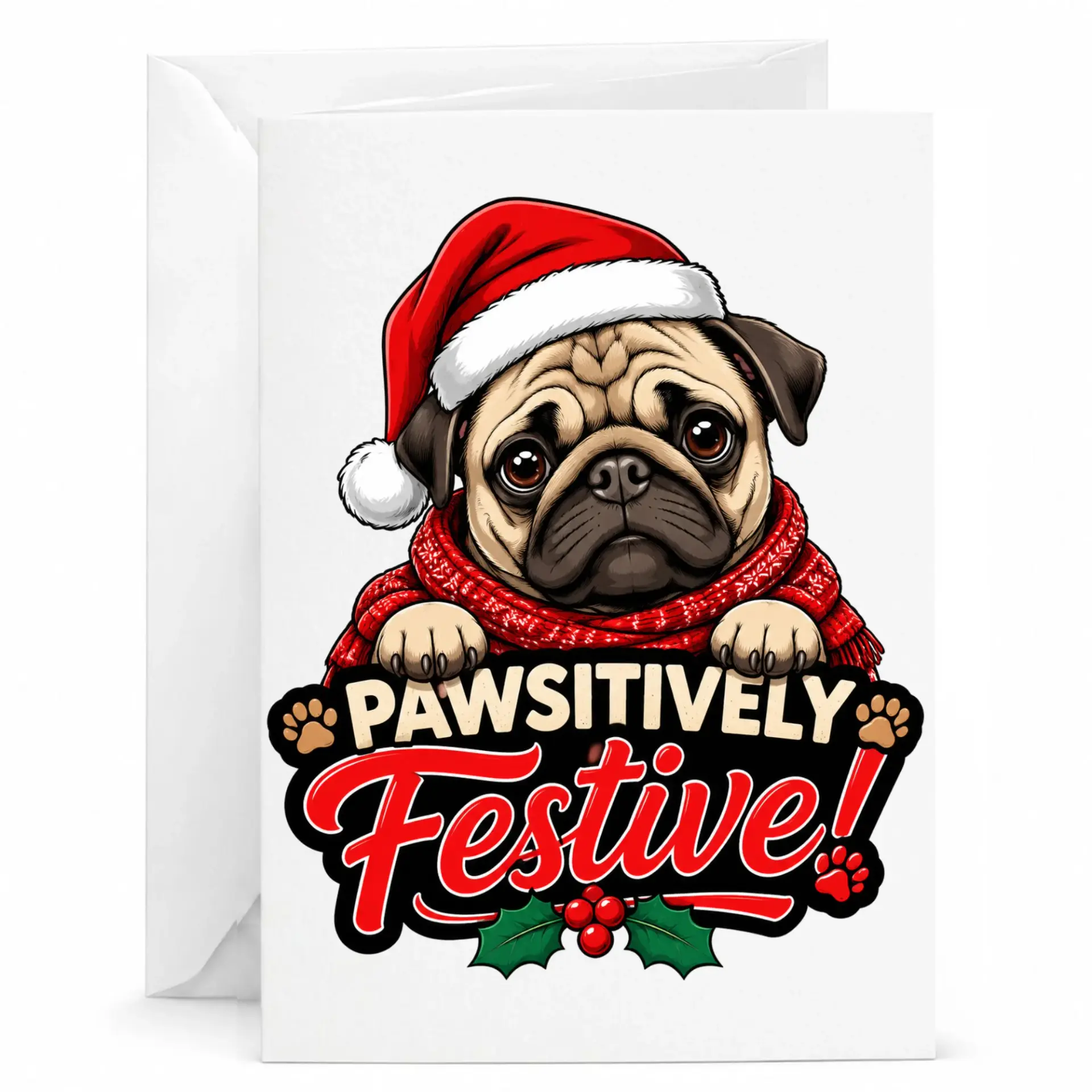 Funny Greeting Card Pawsitively Festive Pug Dog Christmas Card Cute Holiday Stationary for Friends and Family Members