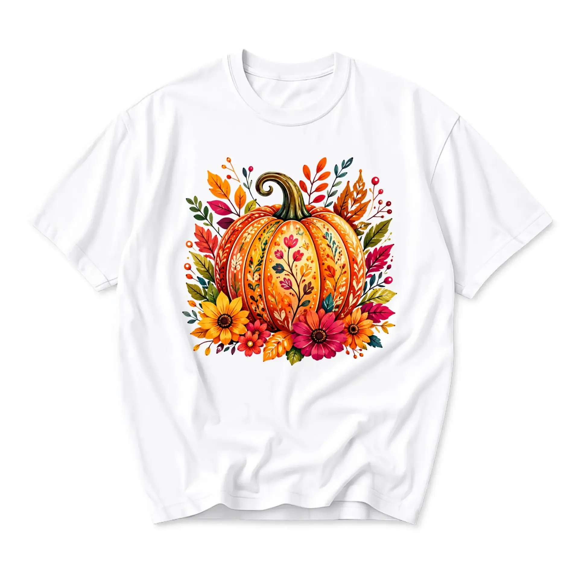 Graphic Tee Unisex Fall Pumpkin Floral Print T-Shirt Seasonal Autumn Botanical Art Comfortable Everyday Apparel