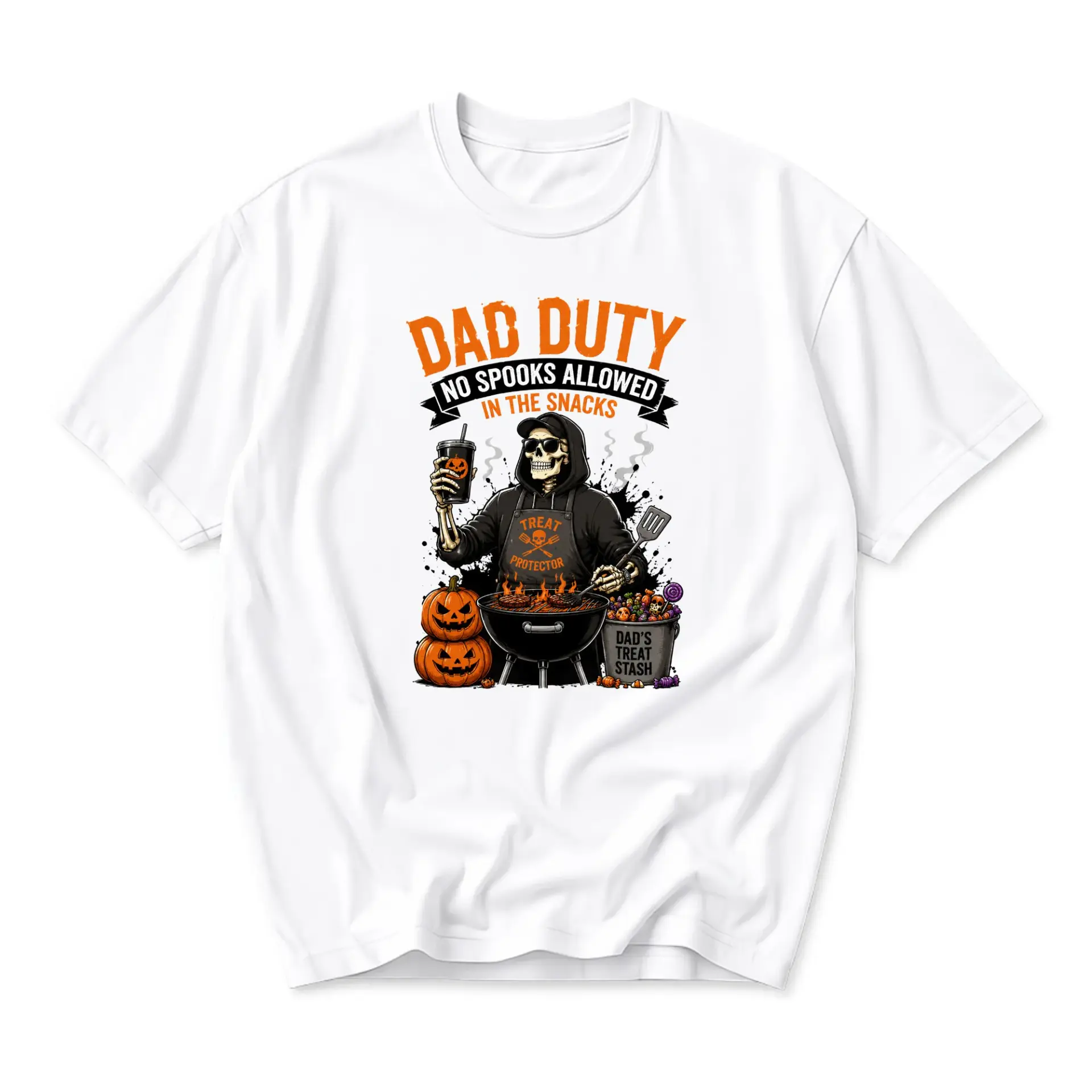 Funny Shirt Dad Duty Skeleton Grilling Graphic Tee Halloween Humor Casual Wear for Men and Women Cotton Crewneck Top