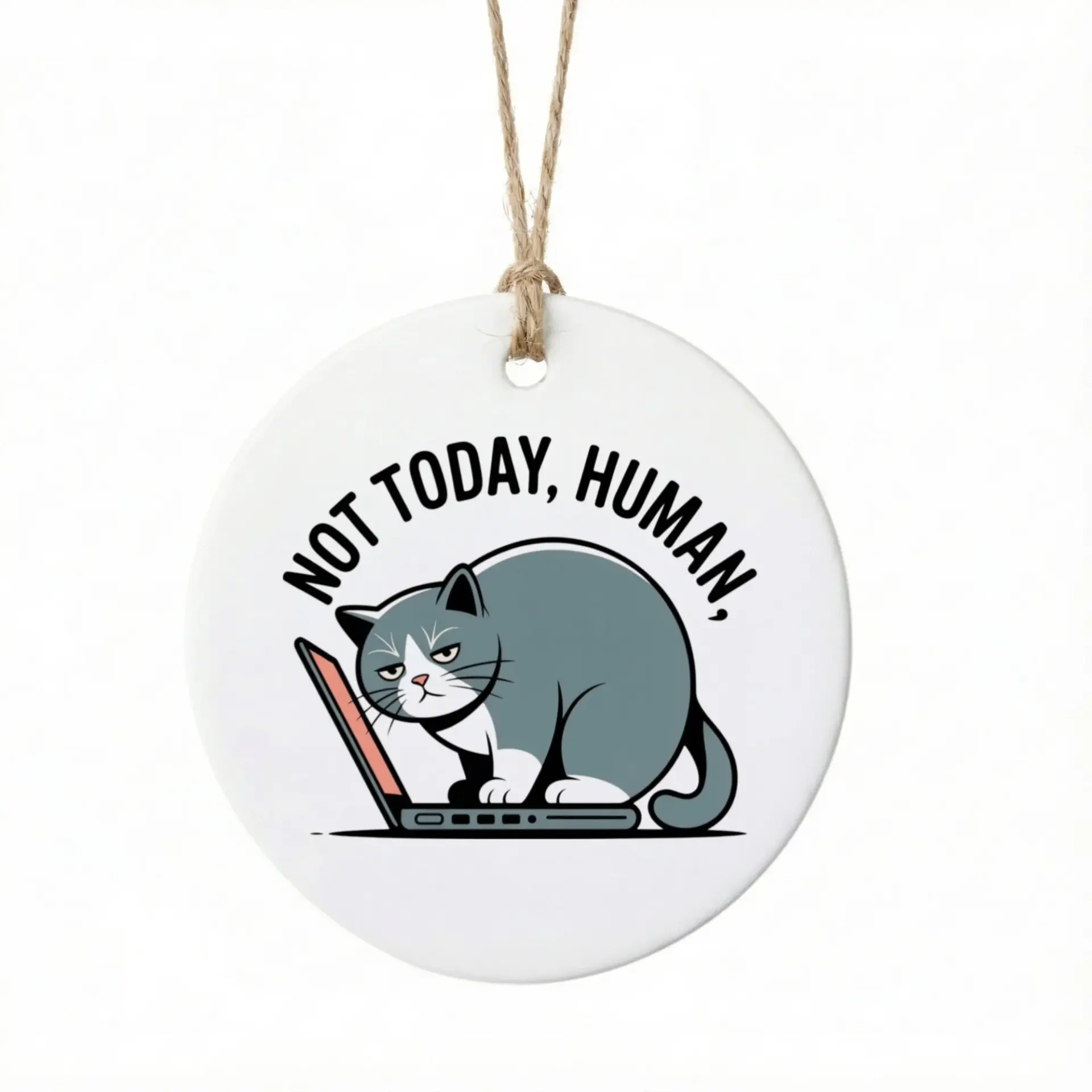 Christmas Ornament Funny Grumpy Cat on Laptop Design Ceramic Holiday Hanging Decoration for Tree or Home Decor