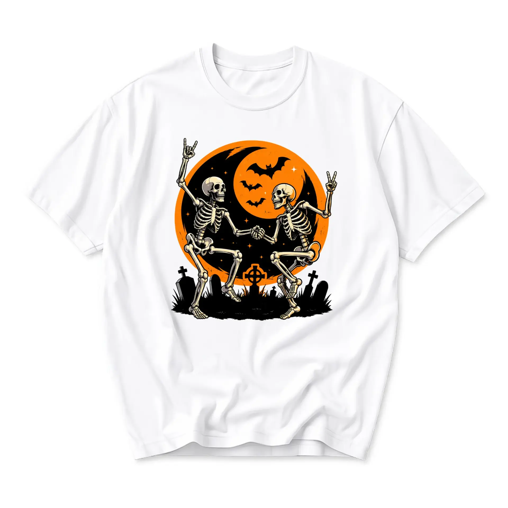 Graphic Tee Skeleton Dance Halloween Moon Illustration Unisex Crew Neck Short Sleeve Casual Cotton Blend Shirt