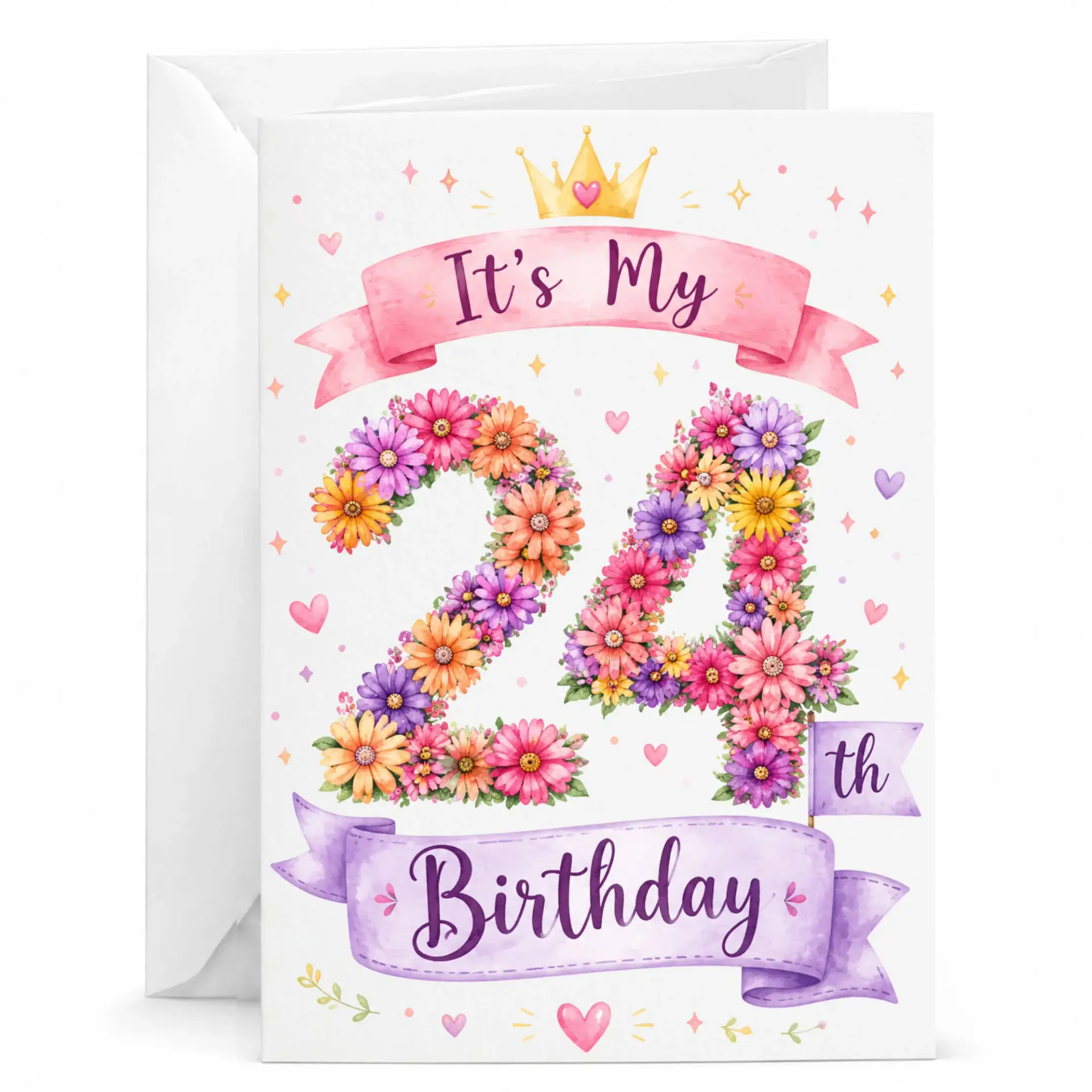 Birthday Card 24th Birthday Floral Number Twenty-Four Greeting Card with Envelope for Friends and Family Members