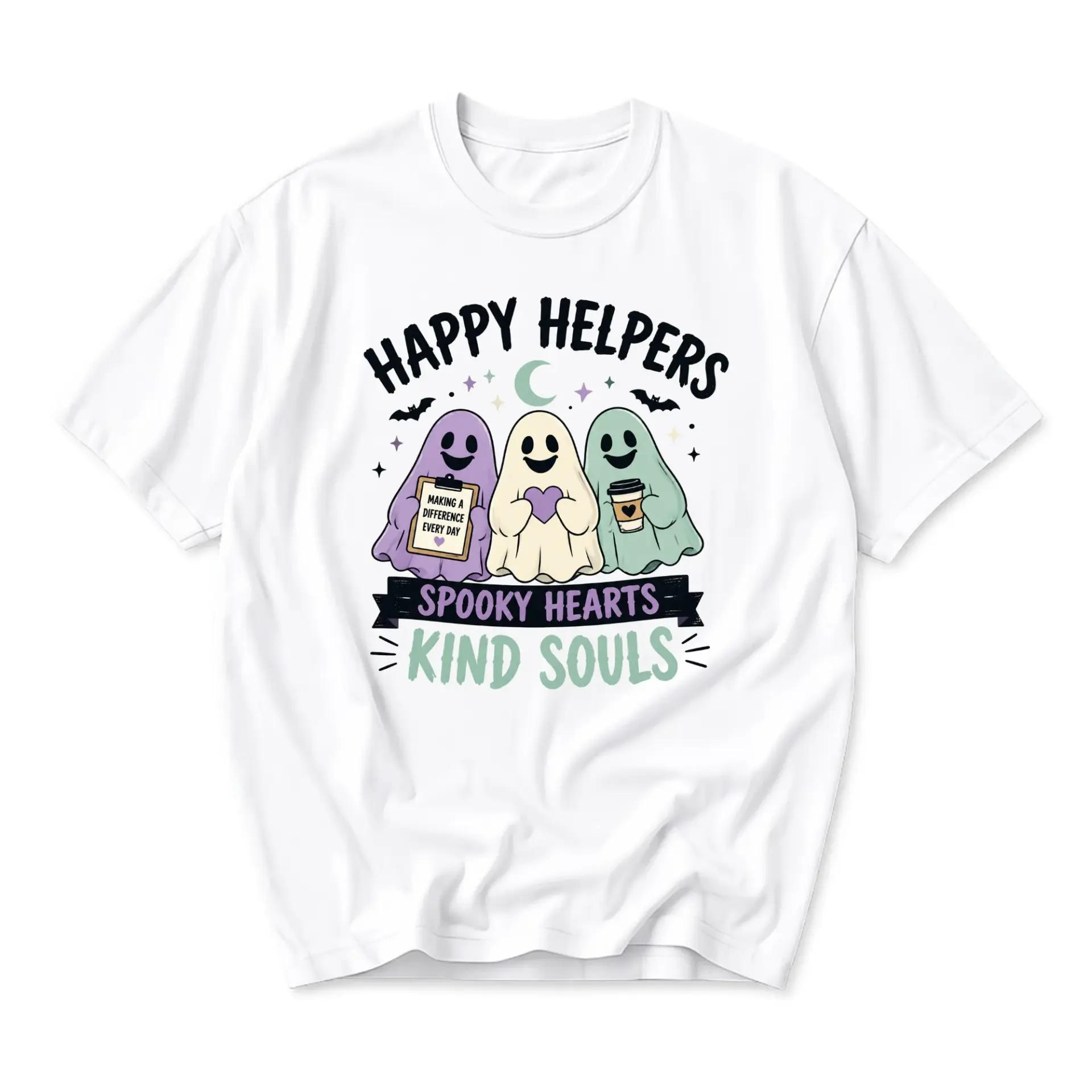 Graphic Tee Happy Helpers Spooky Hearts Kind Souls Cute Ghost Illustration Unisex Casual Crew Neck Soft Cotton Shirt