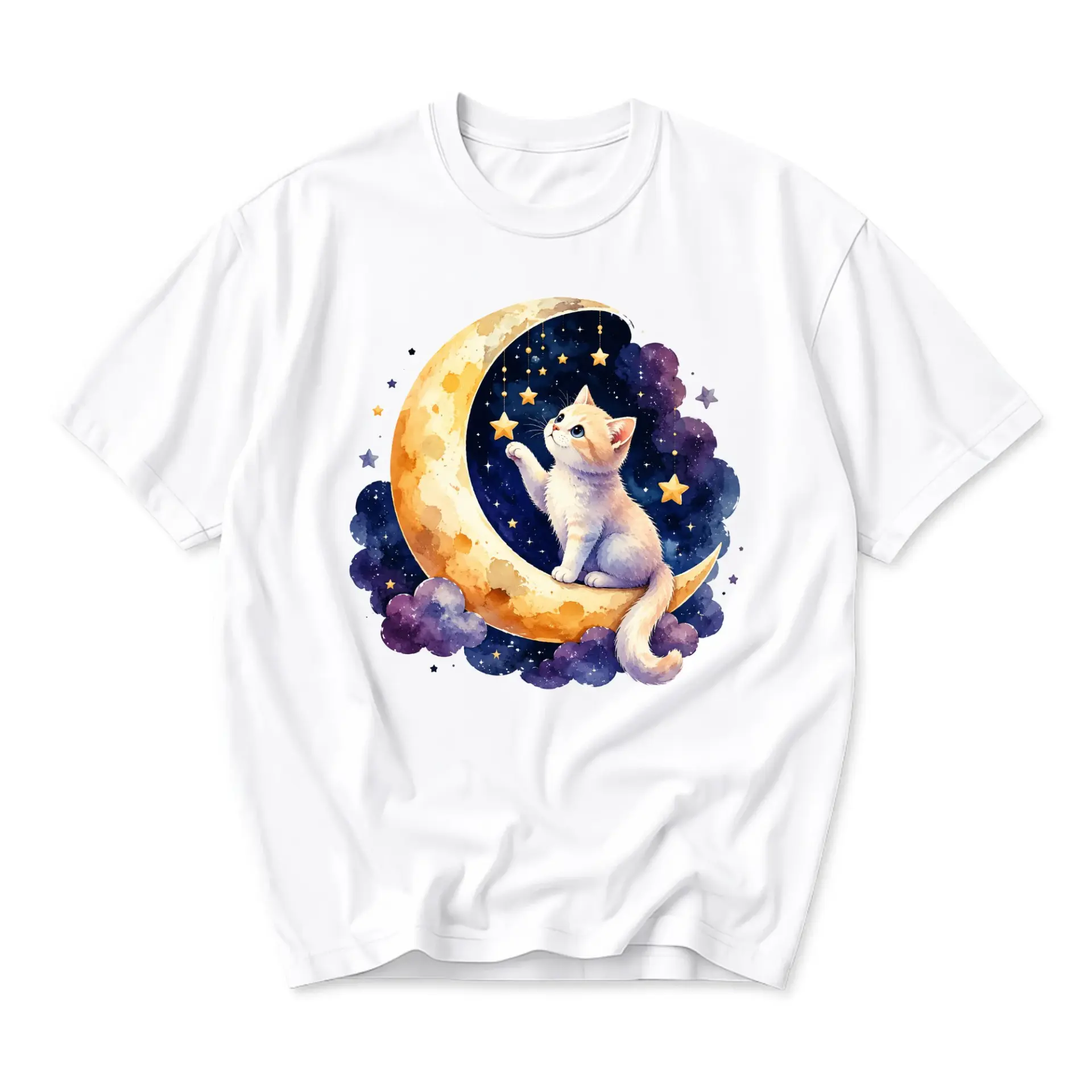 Graphic Tee Celestial Cat on Moon Illustration Unisex Crew Neck Short Sleeve Casual Cotton Blend Fashion Summer Shirt