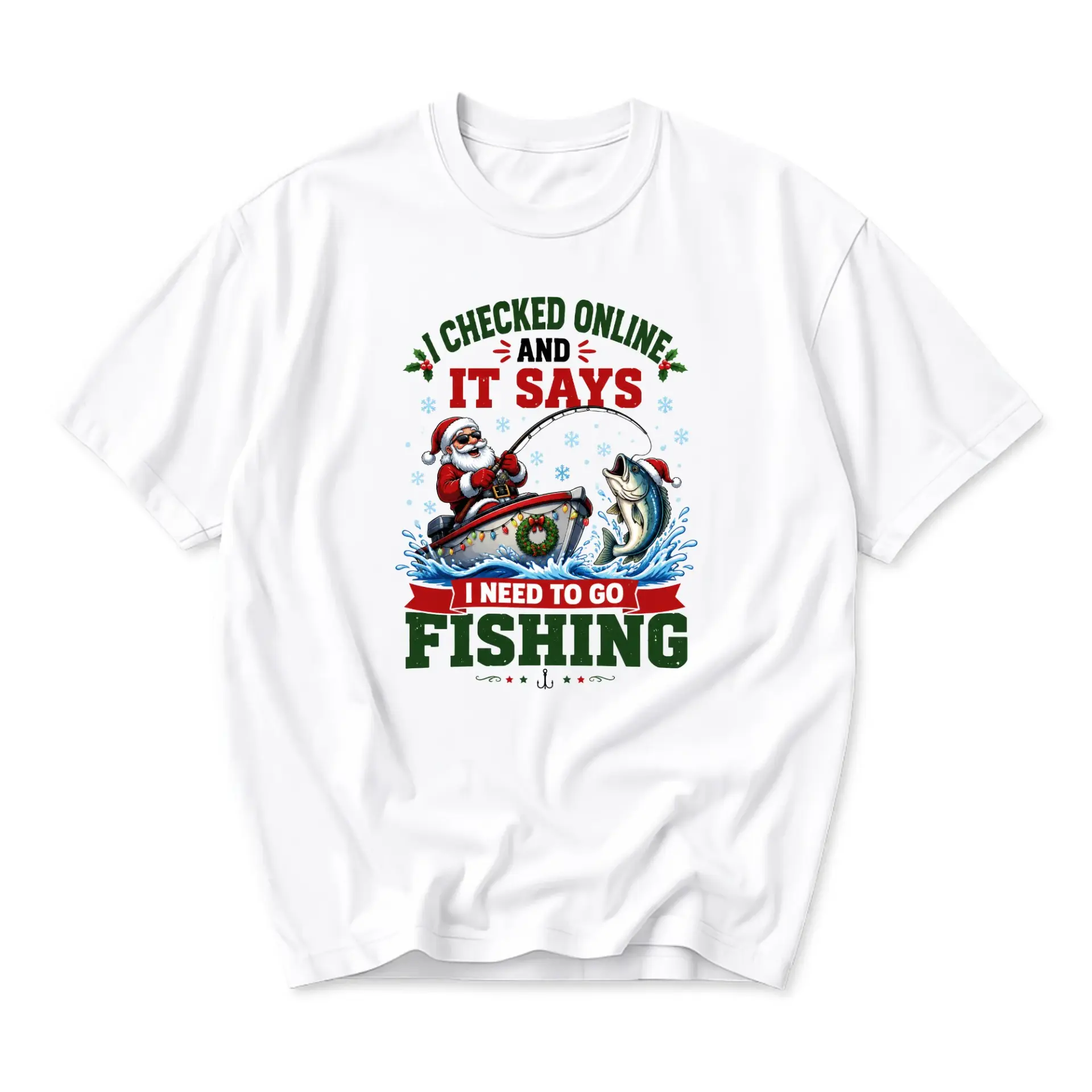 Funny Shirt Santa Claus Fishing Graphic Tee Unisex Short Sleeve Crew Neck