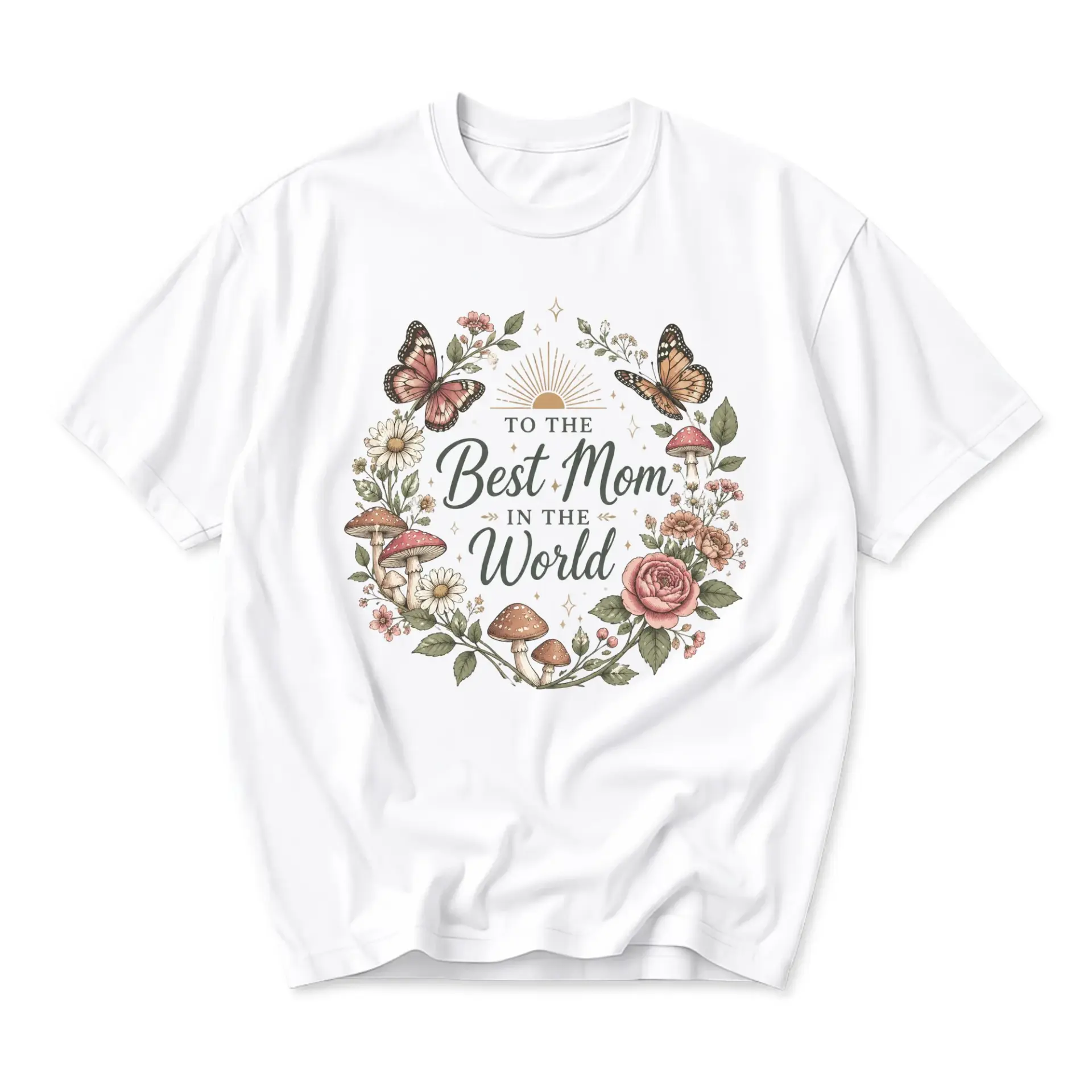 Graphic Tee to the Best Mom in the World Mushroom and Butterfly Floral Print Unisex Casual Crew Neck T-Shirt