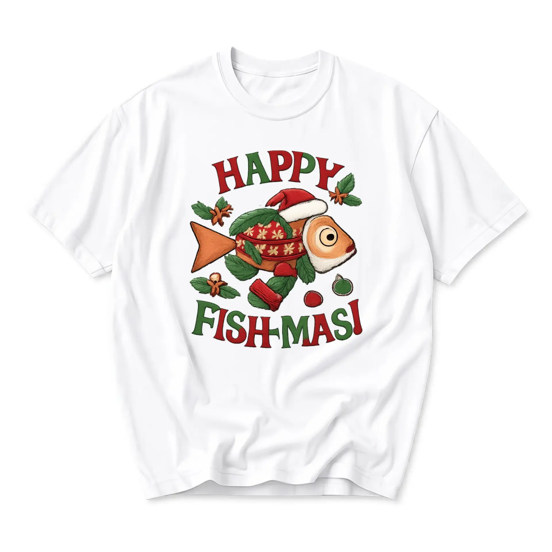 Funny Shirt Happy Fish-Mas Graphic Tee Cute Christmas Sea Holiday Illustration Unisex Cotton Crew Neck Top
