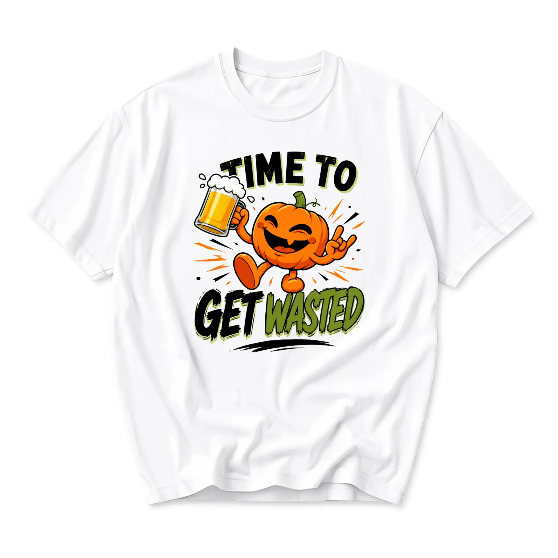 Funny Shirt Time to Get Wasted Pumpkin Graphic Tee Unisex Crew Neck Short Sleeve Casual Cotton Blend Top Apparel