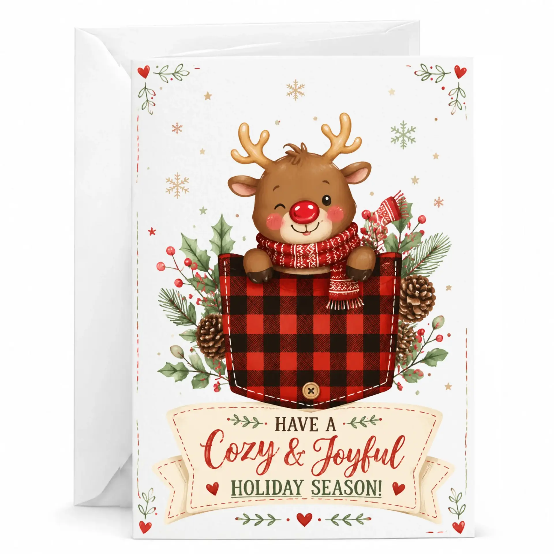 Greeting Card Holiday Reindeer in Plaid Pocket Design, Festive Cozy and Joyful Seasonal Note for Winter Celebrations