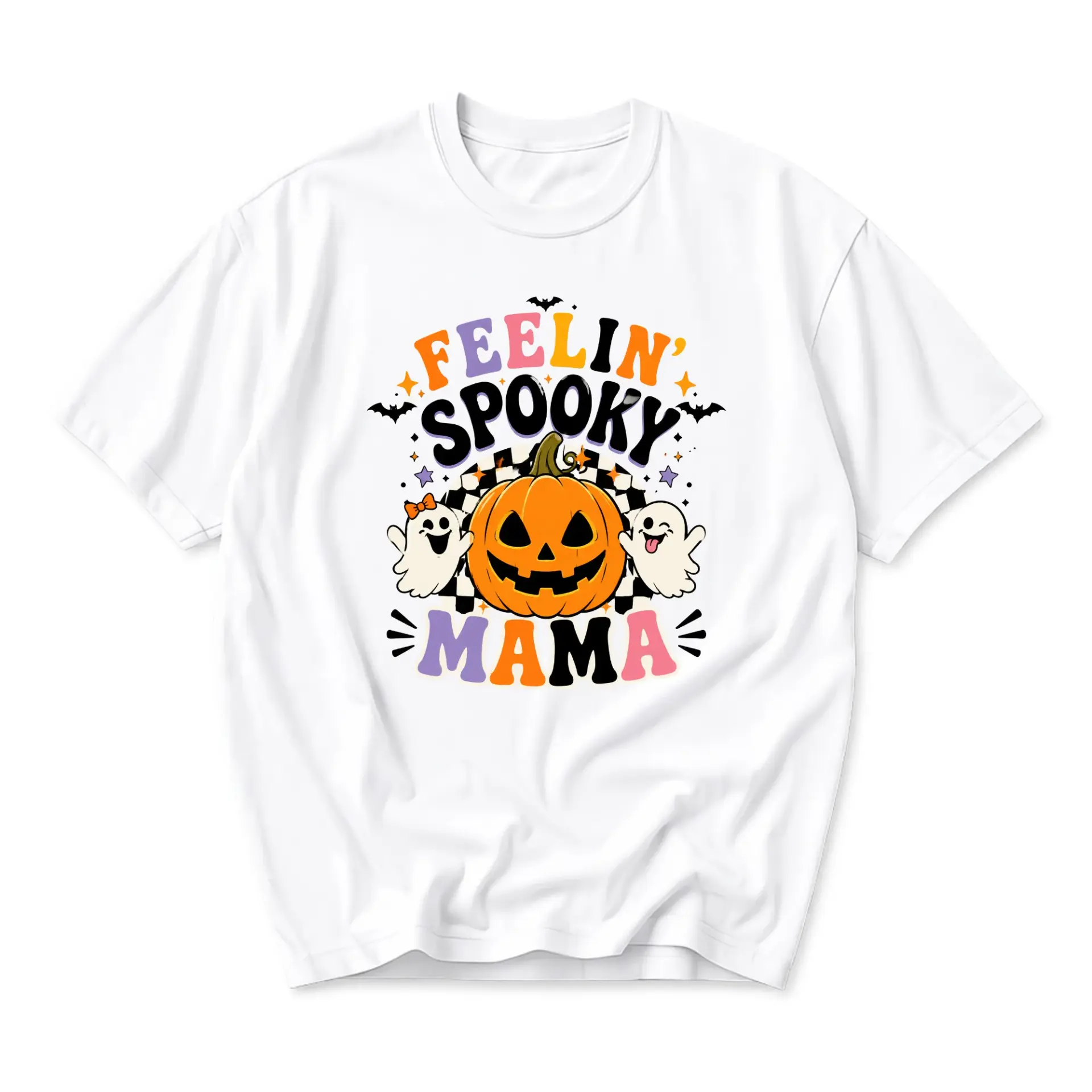 Graphic Tee Feelin Spooky Mama Fall Season Pumpkin Ghost Print Unisex Crew Neck Casual Short Sleeve Cotton T-Shirt