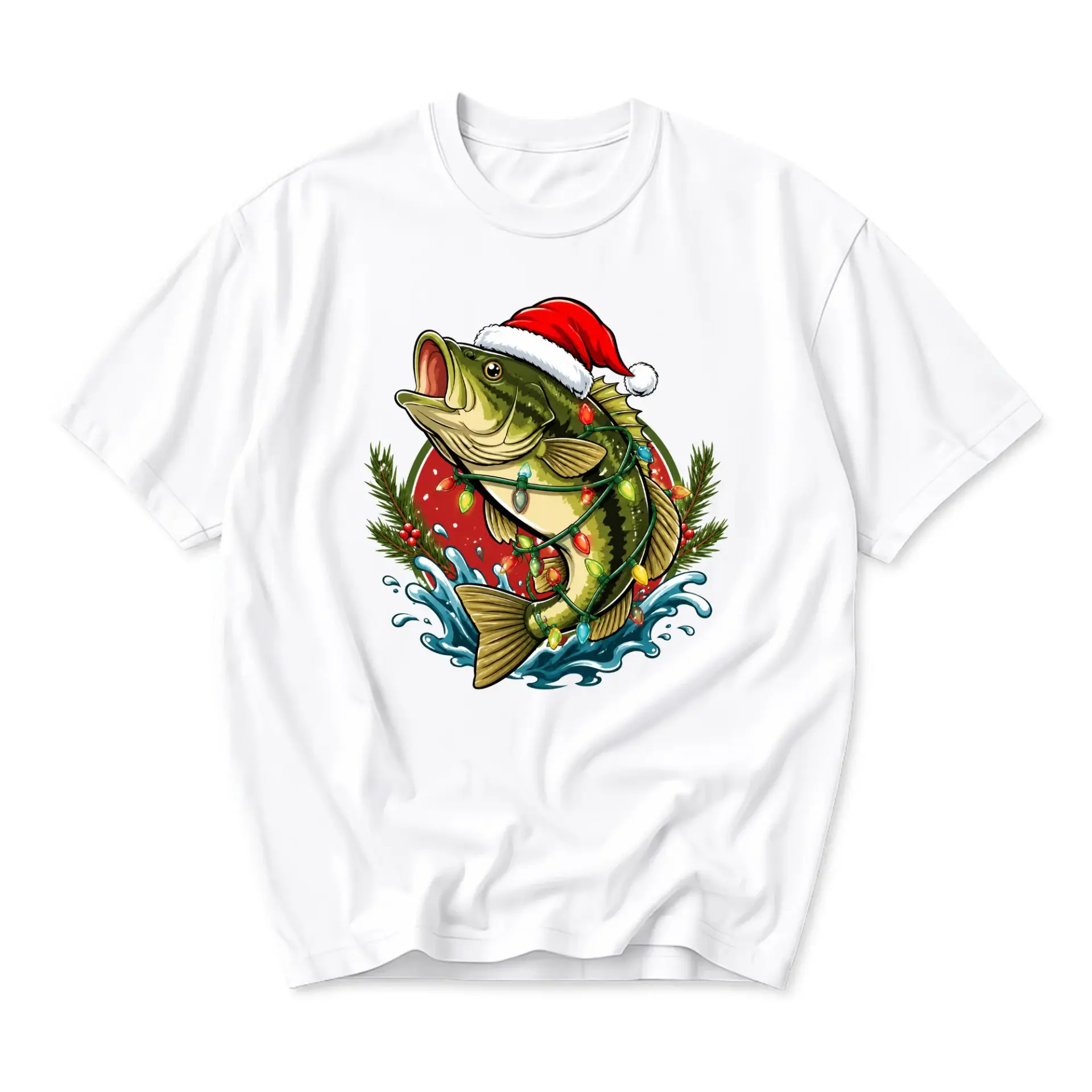 Graphic Tee Unisex Crew Neck T-Shirt Featuring a Fishing Wearing a Festive