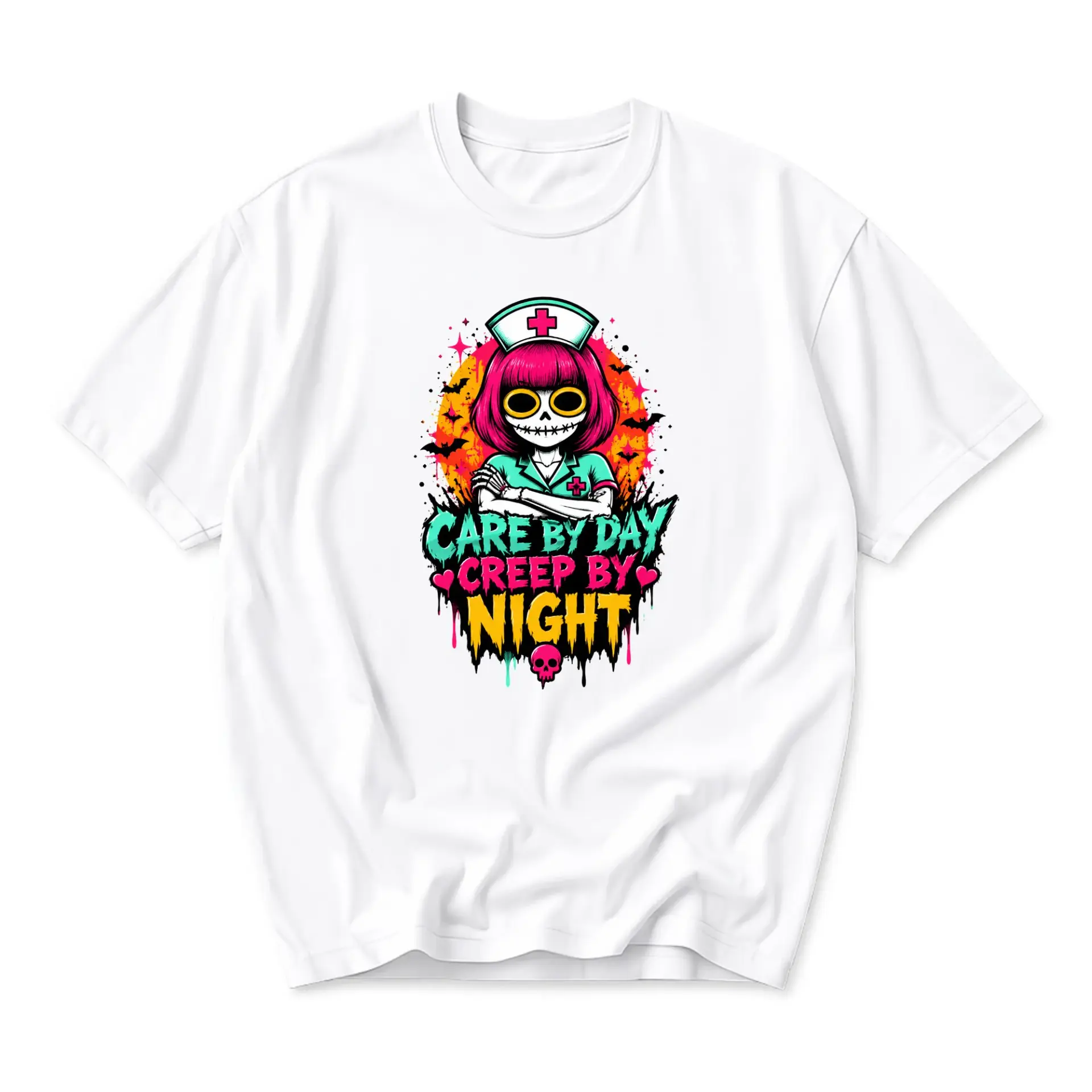 Funny Shirt Care by Day Creep by Night Nurse Graphic Tee Unisex Cotton Blend Casual Crew Neck Top for Adults