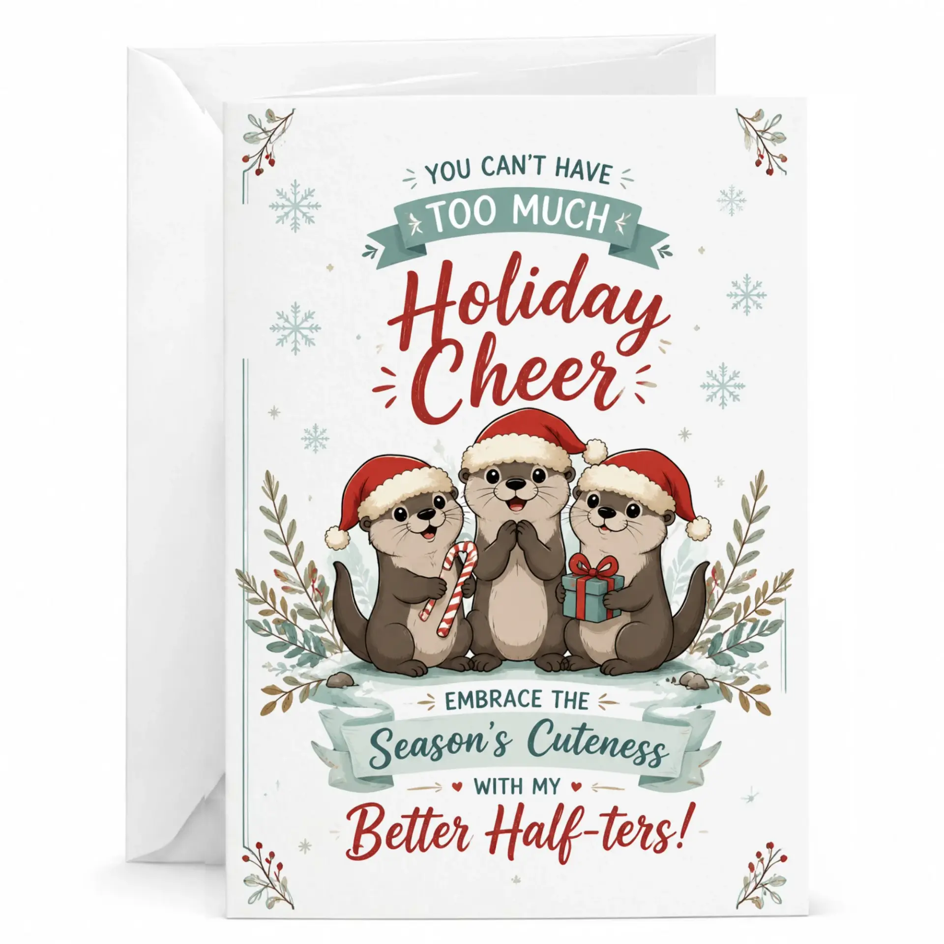 Funny Holiday Greeting Card Featuring Cute Otters with Santa Hats and Gifts for Seasonal Cheer and Well Wishes