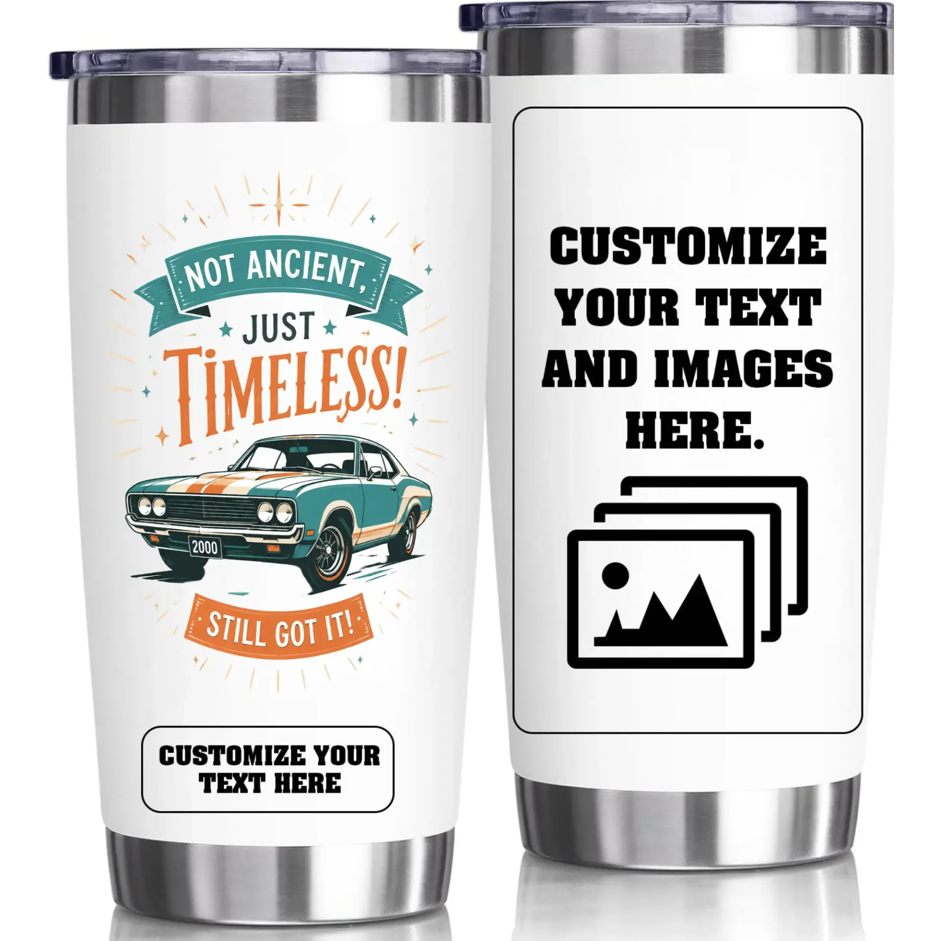Stainless Steel Tumbler 20oz Insulated Cup for Car Enthusiasts Vintage Classic Car Design Travel Mug with Custom Text
