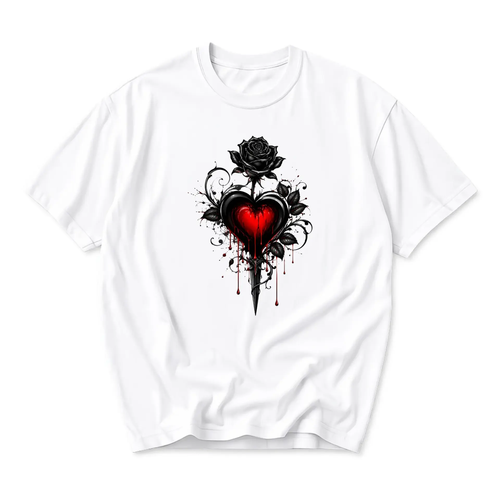 Graphic Tee Gothic Heart and Rose Print Unisex Casual Short Sleeve Shirt for Everyday Wear and Unique Artistic Style