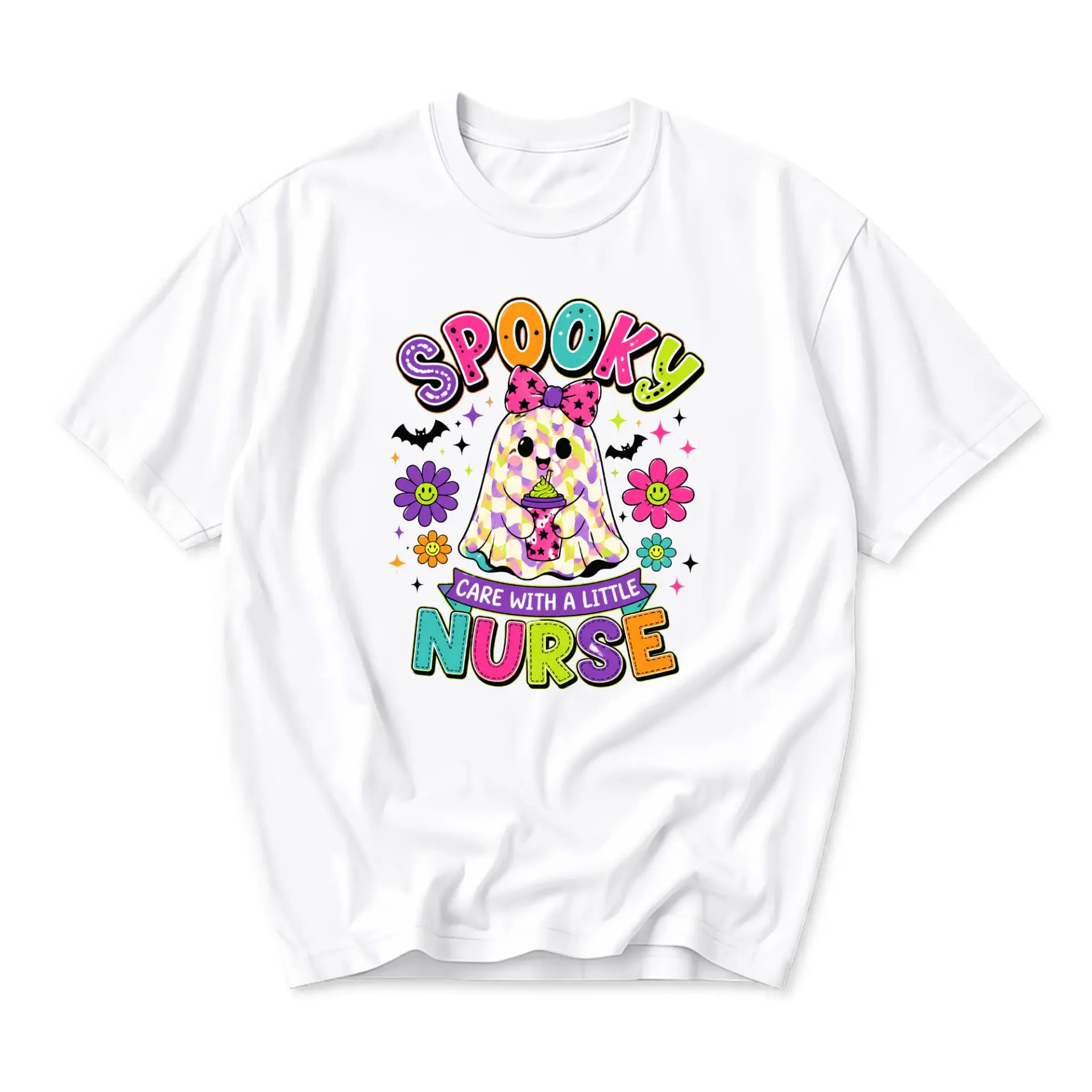 Graphic Tee Spooky Care with a Little Nurse Cute Ghost Illustration Unisex Crew Neck Short Sleeve Cotton Shirt
