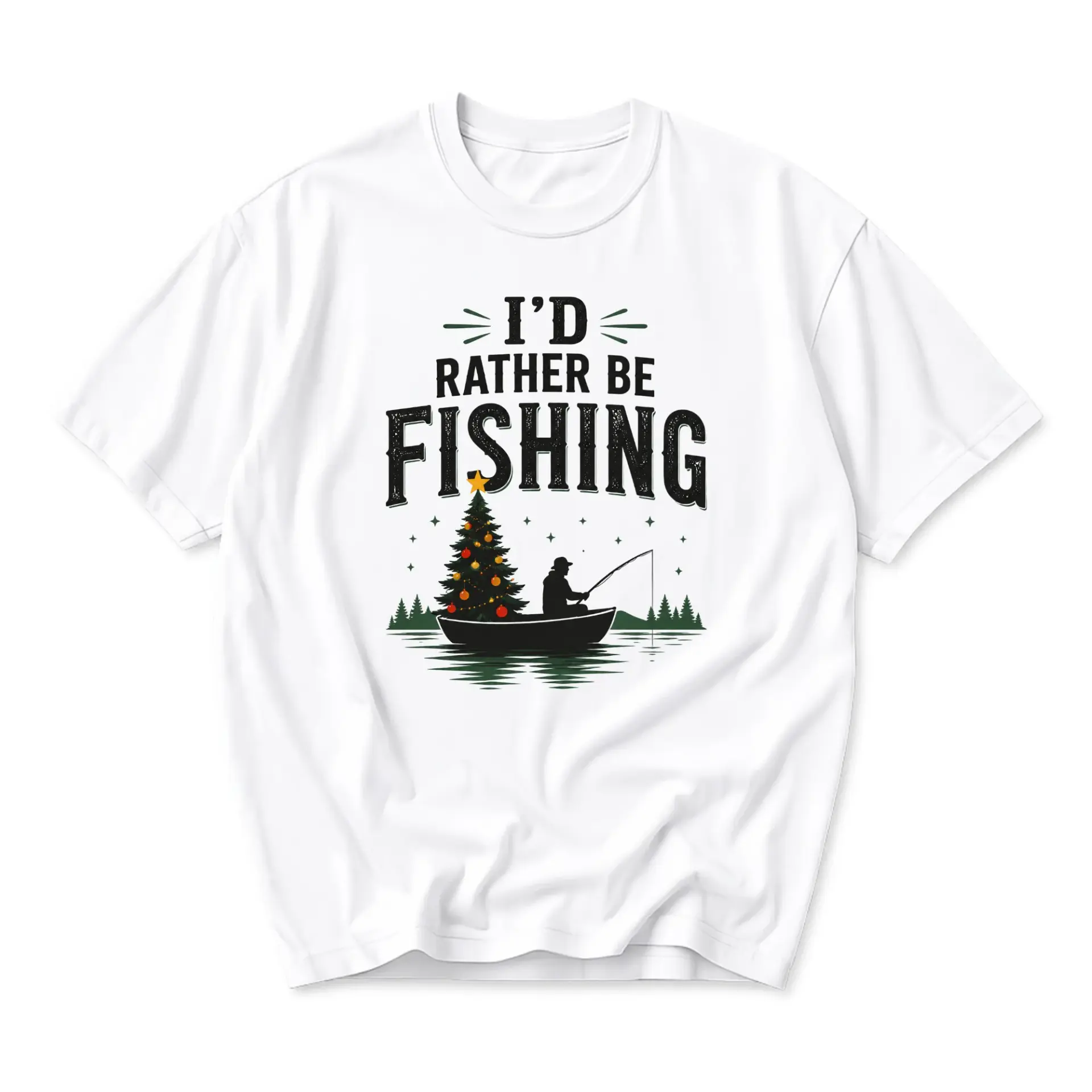 Funny Shirt I Would Rather Be Fishing Christmas Tree Graphic Tee Unisex Cotton Blend Casual Crew Neck Holiday Apparel