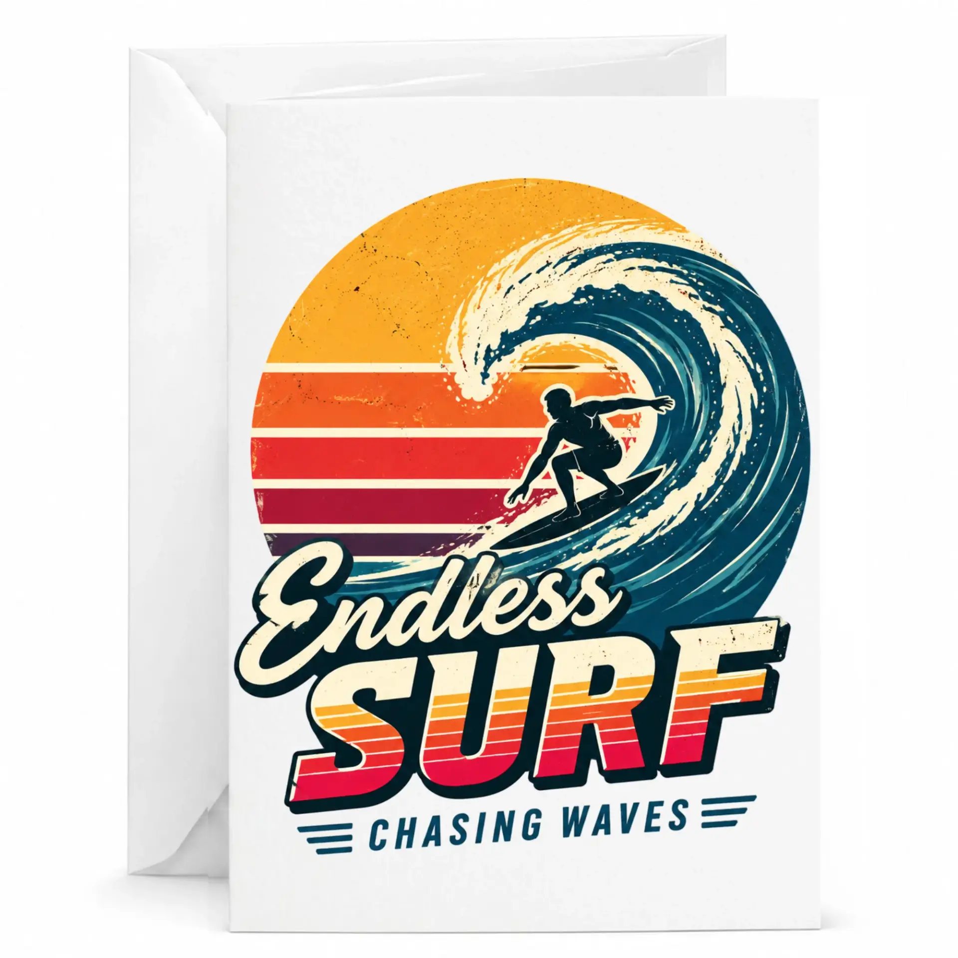 Greeting Card Endless Surf Chasing Waves Vintage Sunset Surfing Design for Beach Lovers and Ocean Enthusiasts 5x7 Inches