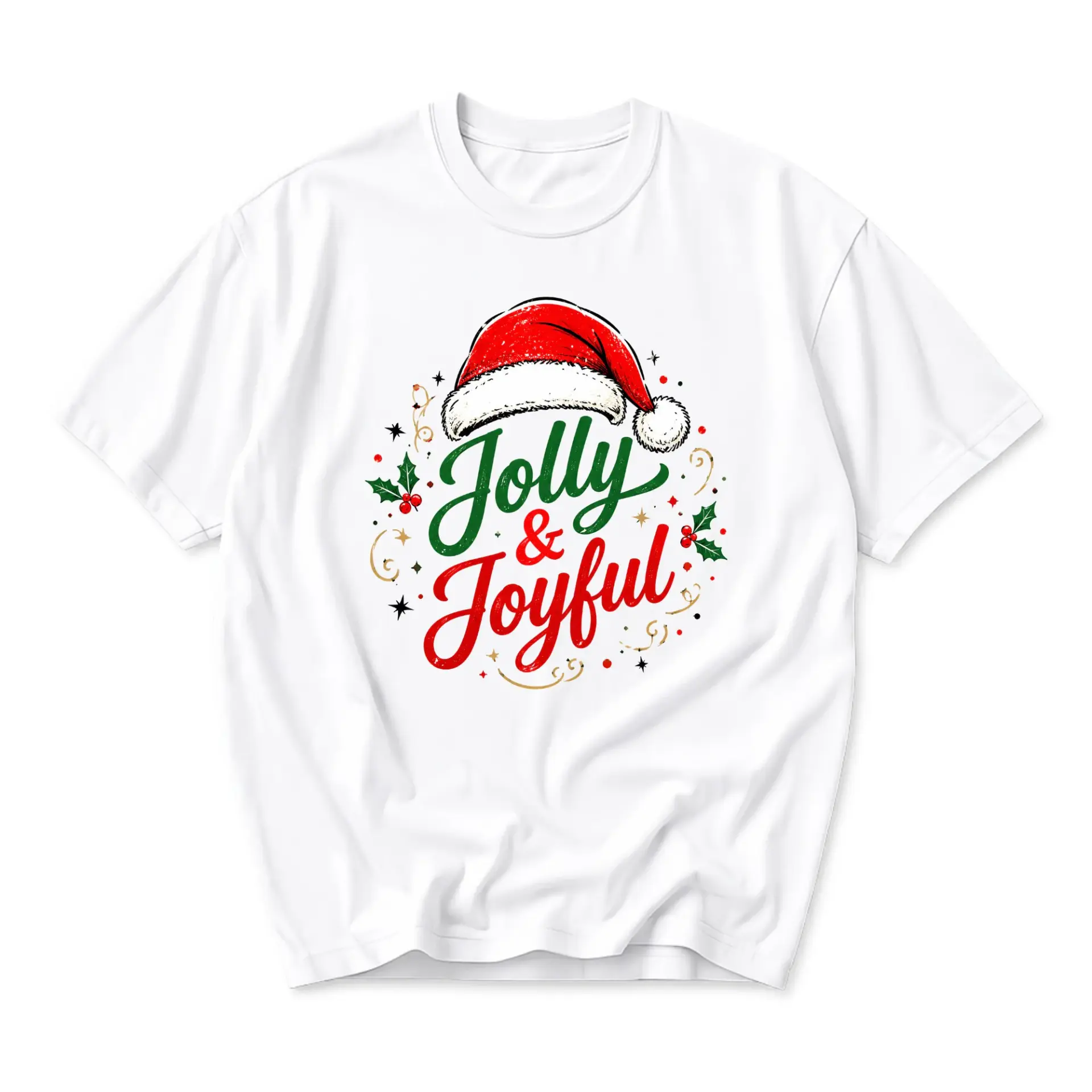 Graphic Tee Jolly and Joyful Holiday Christmas Print Unisex Crew Neck Shirt for Seasonal Casual Everyday Wear Style