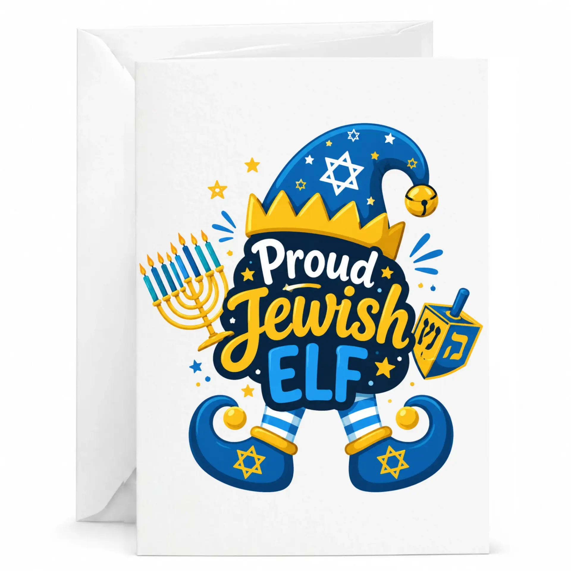 Funny Jewish Elf Holiday Greeting Card, Festive Menorah and Dreidel Design Printed Note Card for Seasonal Celebrations