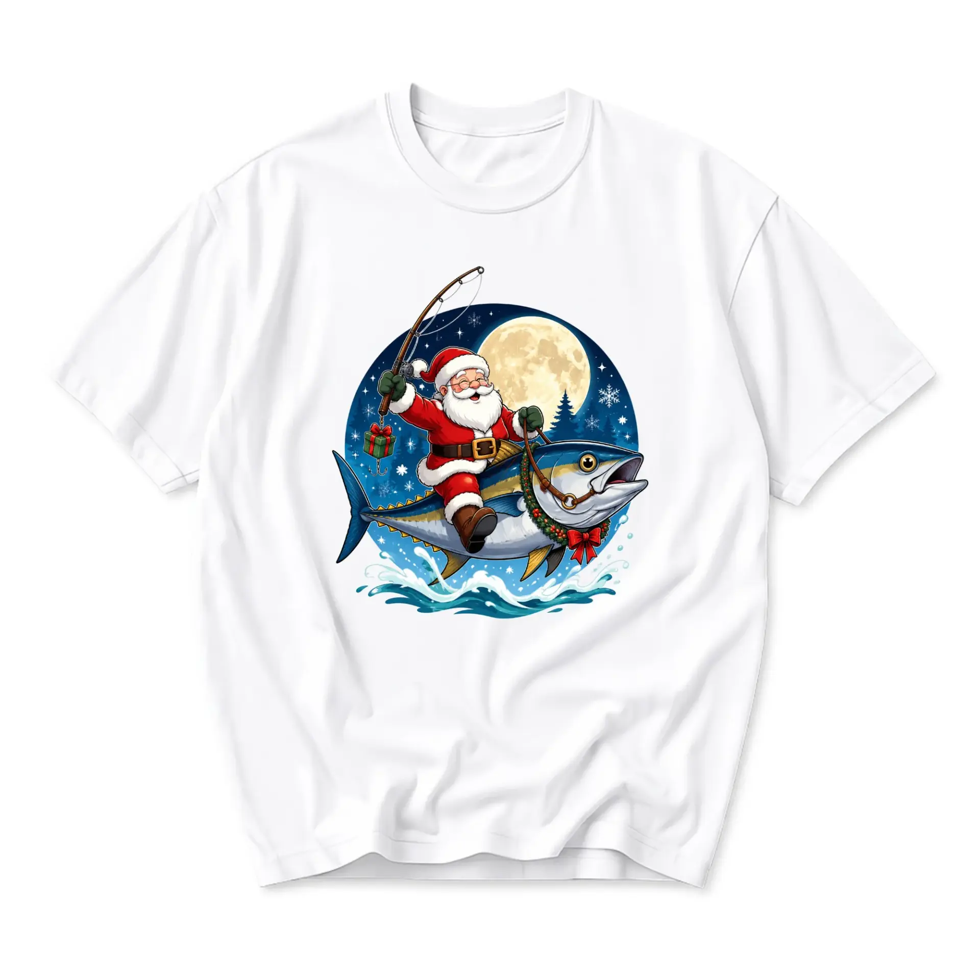 Funny Shirt Santa Claus Riding a Fish Graphic Tee Holiday Fishing Themed