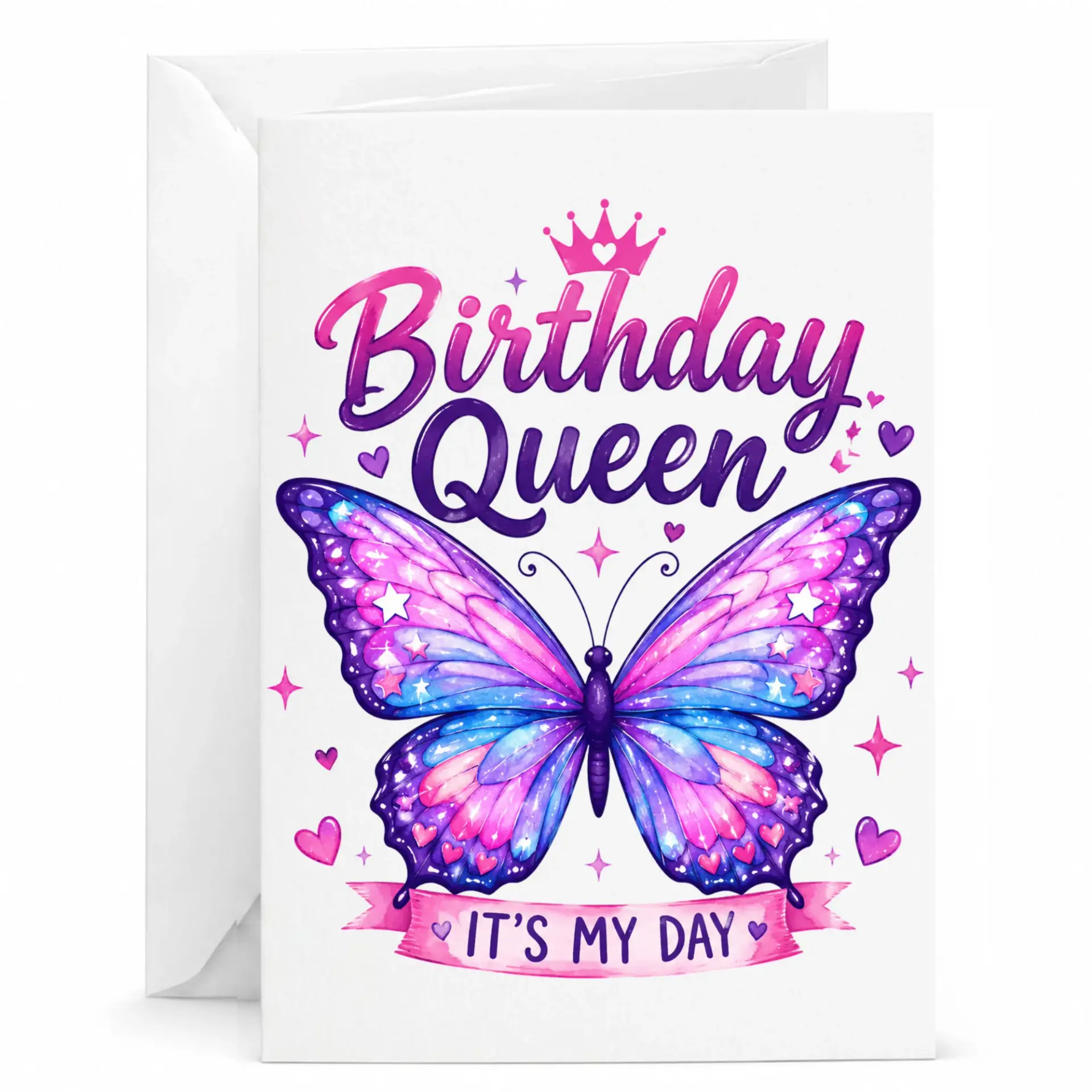 Birthday Queen Greeting Card with Matching Envelope Butterfly Illustration Design for Special Occasions and