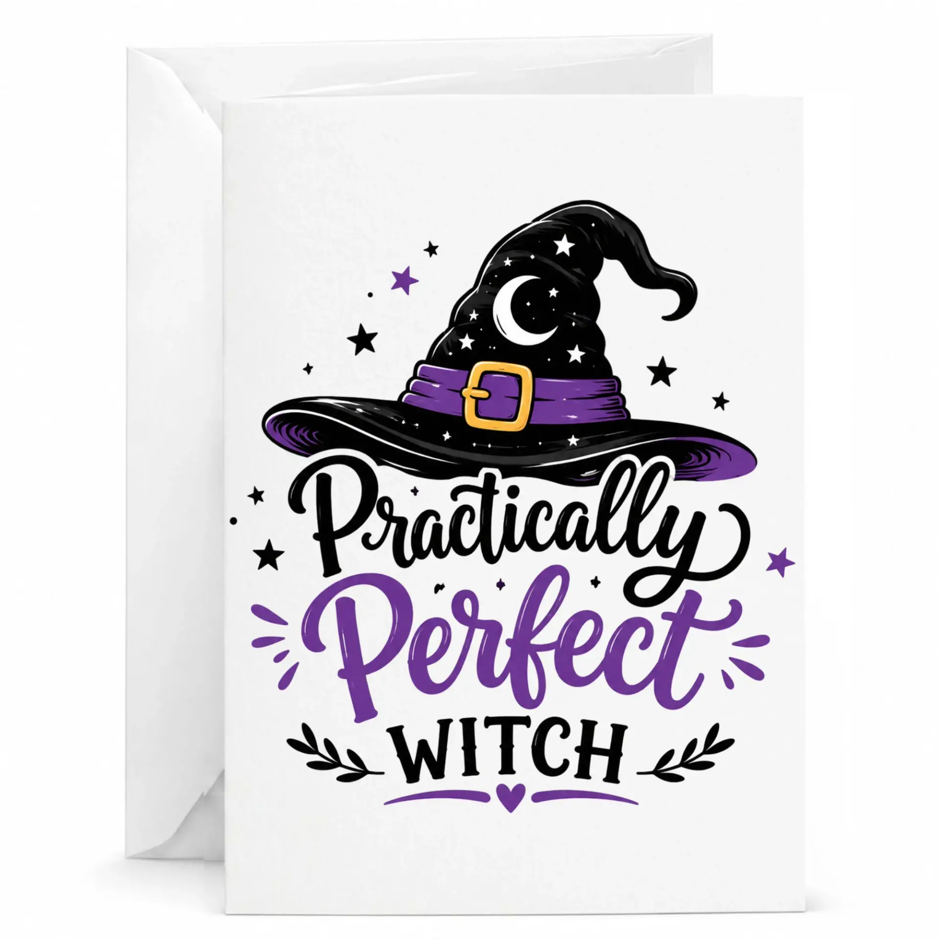 Funny Witch Greeting Card Practically Perfect Illustration for Birthday Holiday and Encouragement