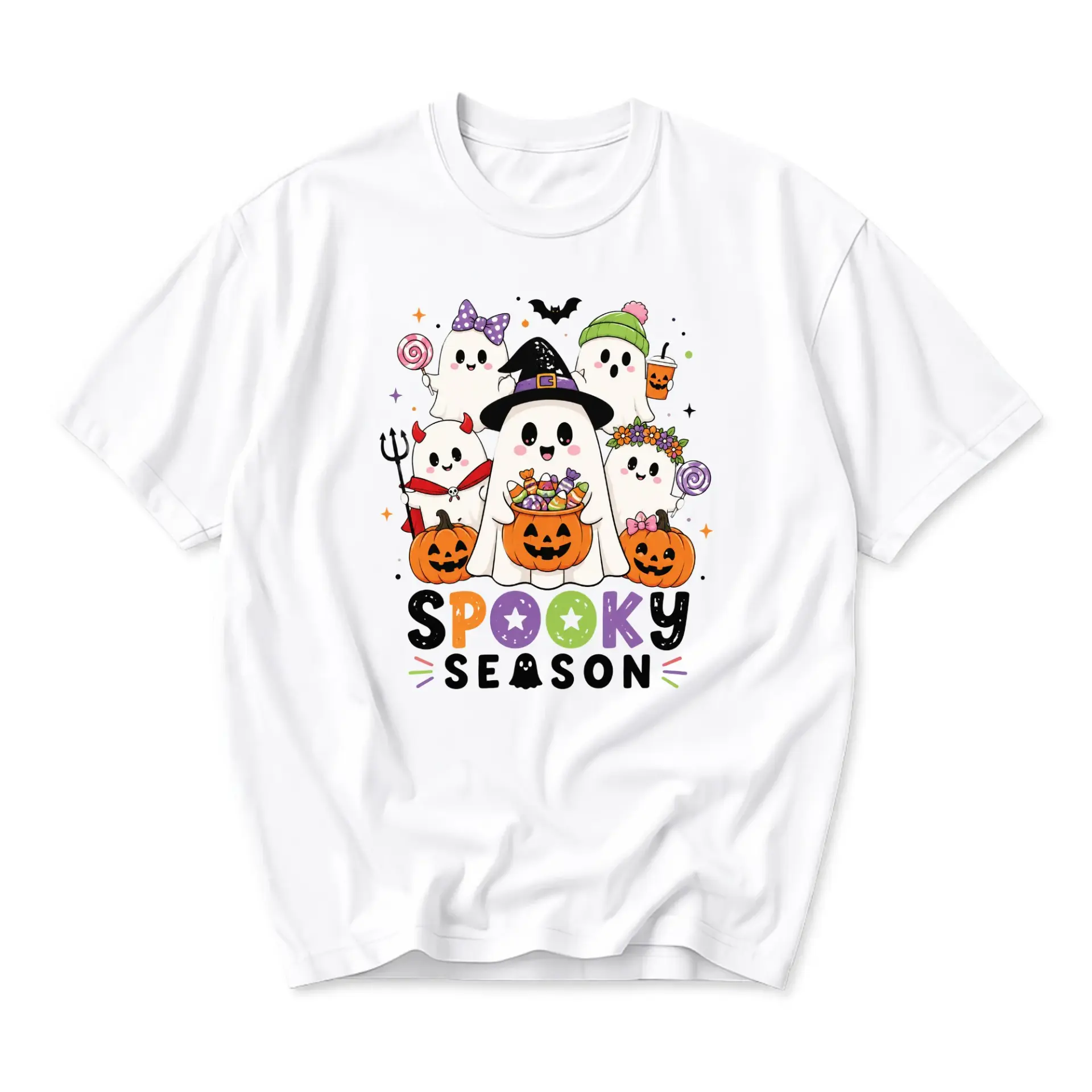 Graphic Tee Spooky Season Cute Ghost Pumpkin Halloween Shirt Unisex Casual Crew Neck Apparel for Fall Autumn Outfit