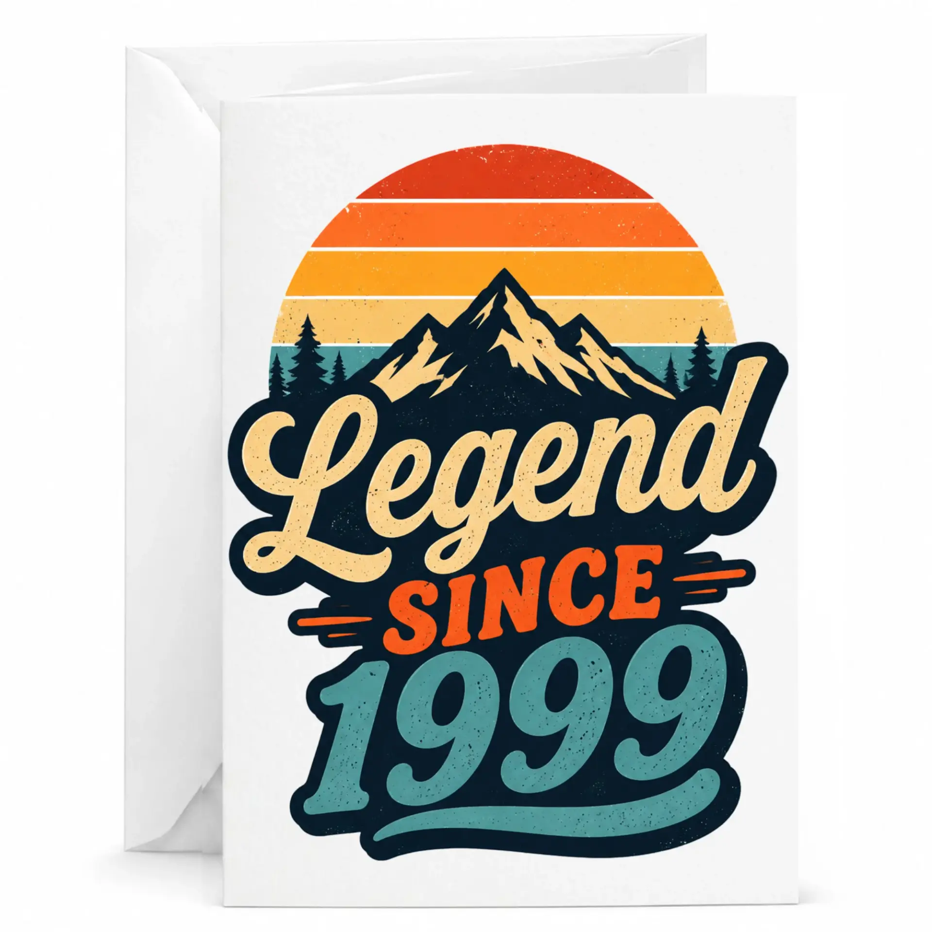Birthday Card Legend Since 1999 Greeting Card with Envelope, Retro Mountain Sunset Design for Milestone Celebration