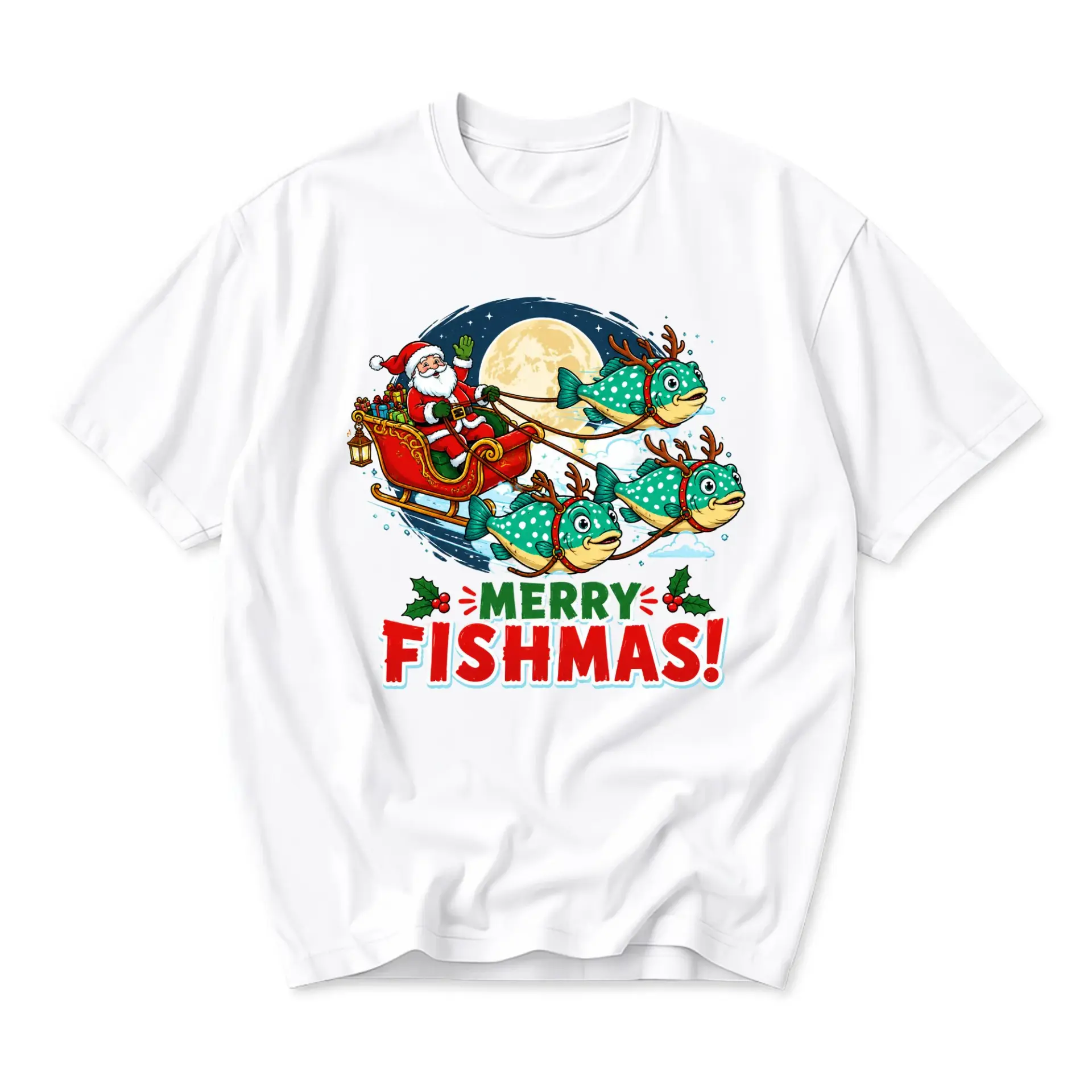 Funny Shirt Merry Fishmas Santa Sleigh Graphic Tee Unisex Cotton Holiday Top for Casual Wear and Seasonal Celebration