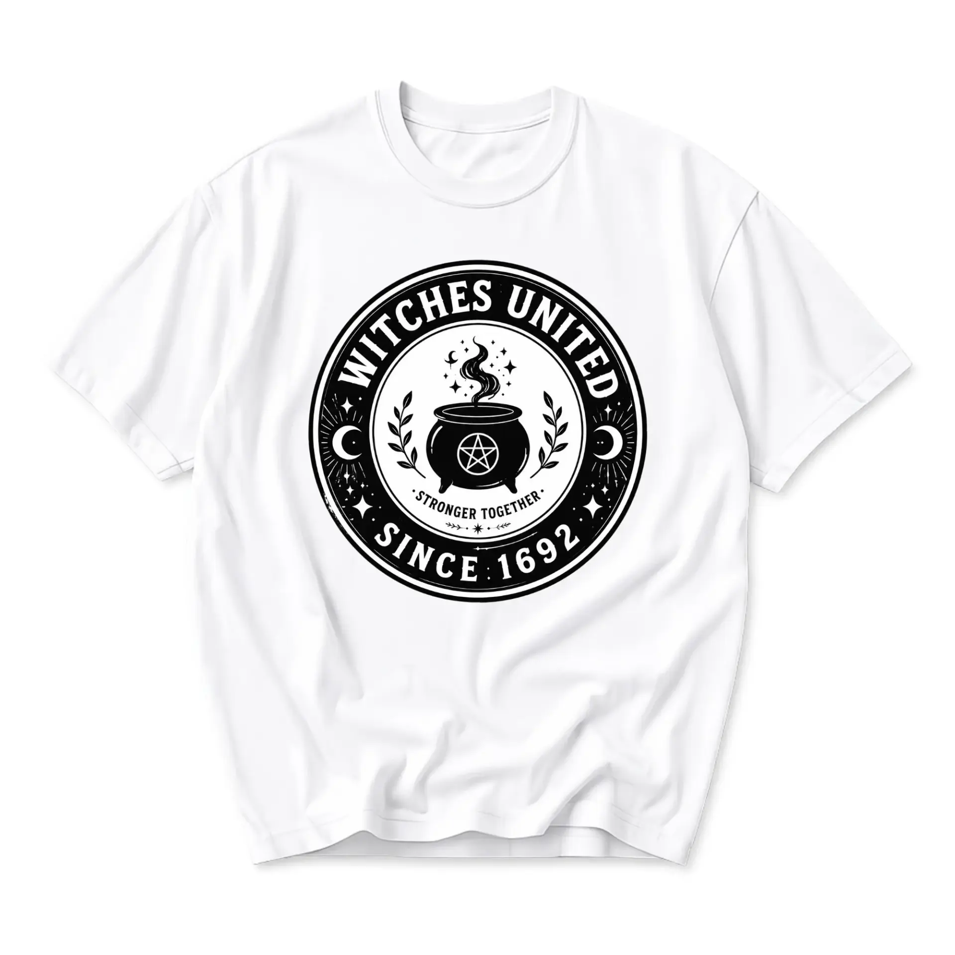 Graphic Tee Witches United Since 1692 Cauldron Print Unisex Crew Neck Shirt for Casual Everyday Wear and Self Expression