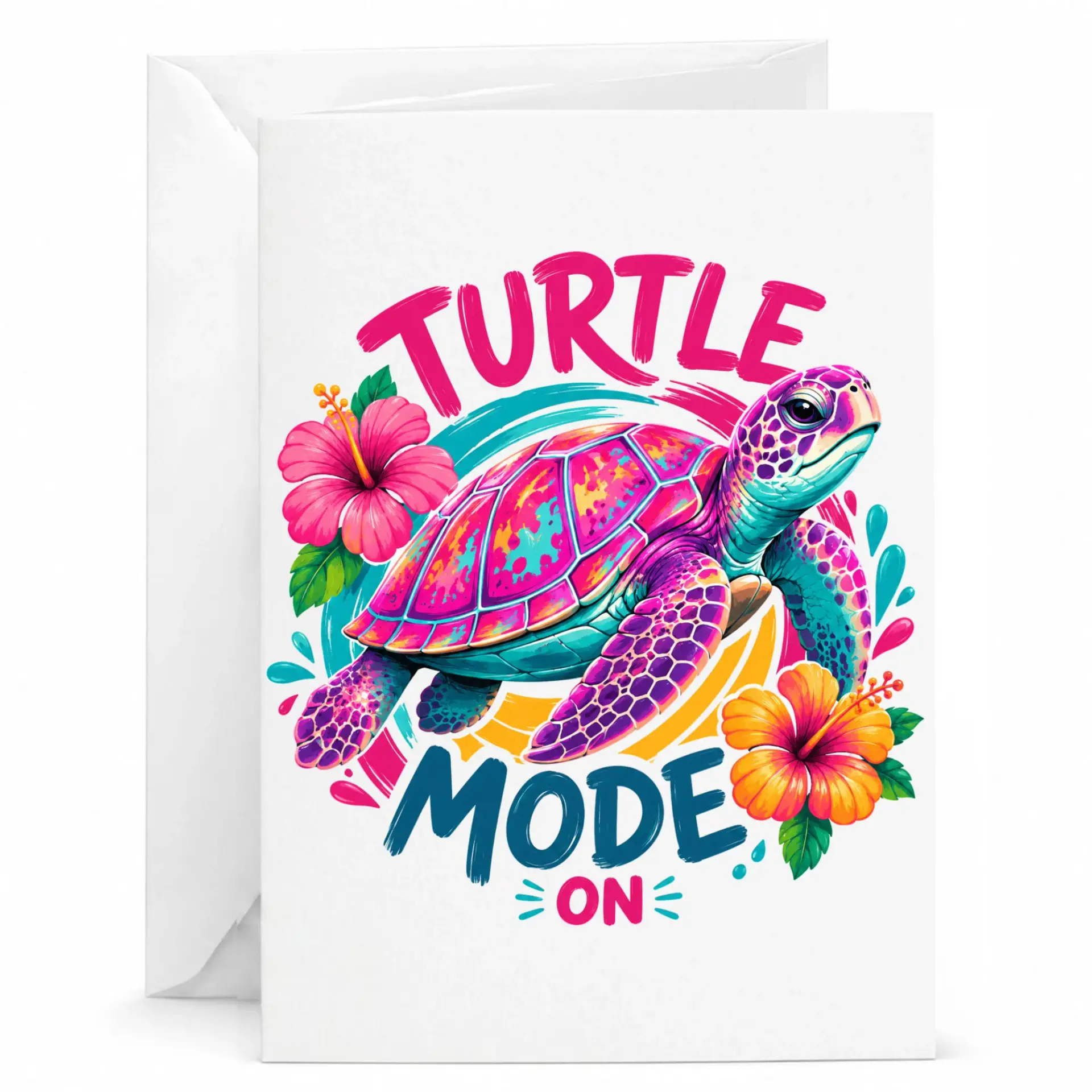 Funny Turtle on Greeting Card with Tropical Hibiscus Flower Design and Matching Envelope for Any Occasion