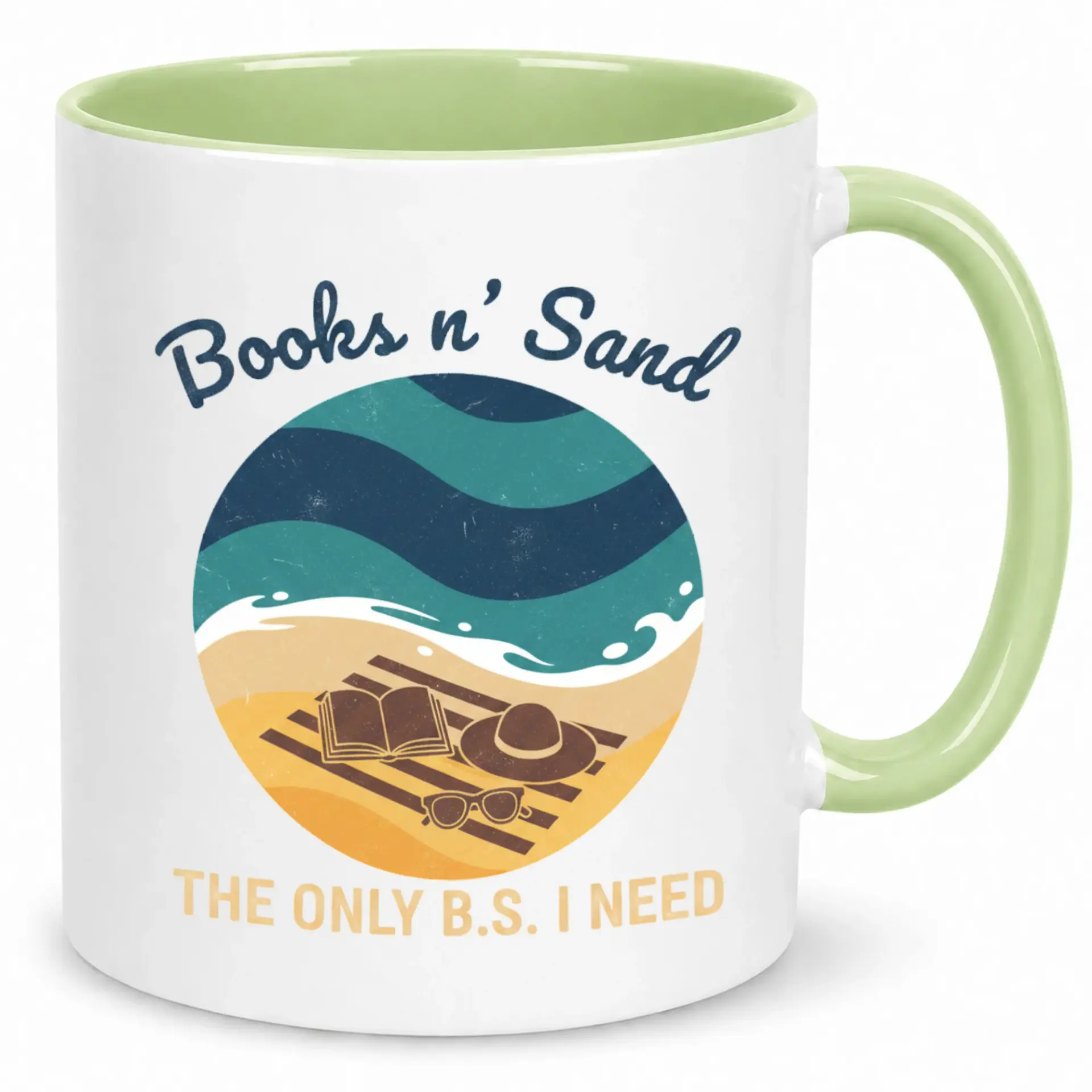 Funny Books N' Sand Ceramic Coffee Mug with Humorous B.s. Pun Design, Beach Reading Themed Novelty Drinkware for Book Lovers and Vacation Enthusiasts