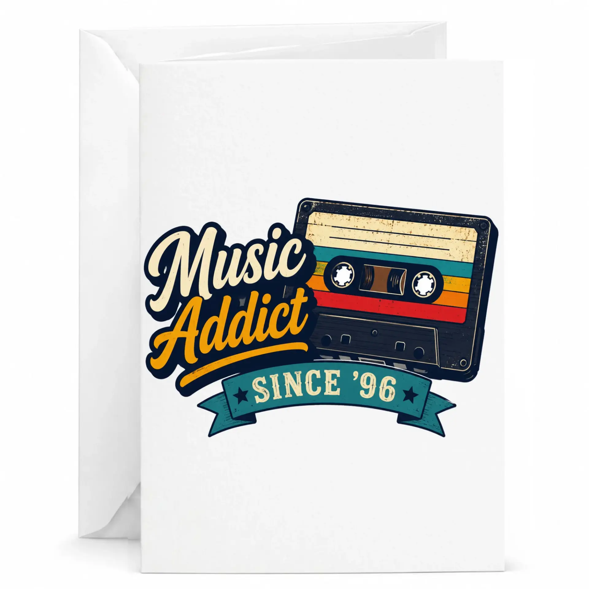 Funny Music Addict Since 96 Greeting Card for Music Lovers Retro Cassette Tape Nostalgia Birthday Note