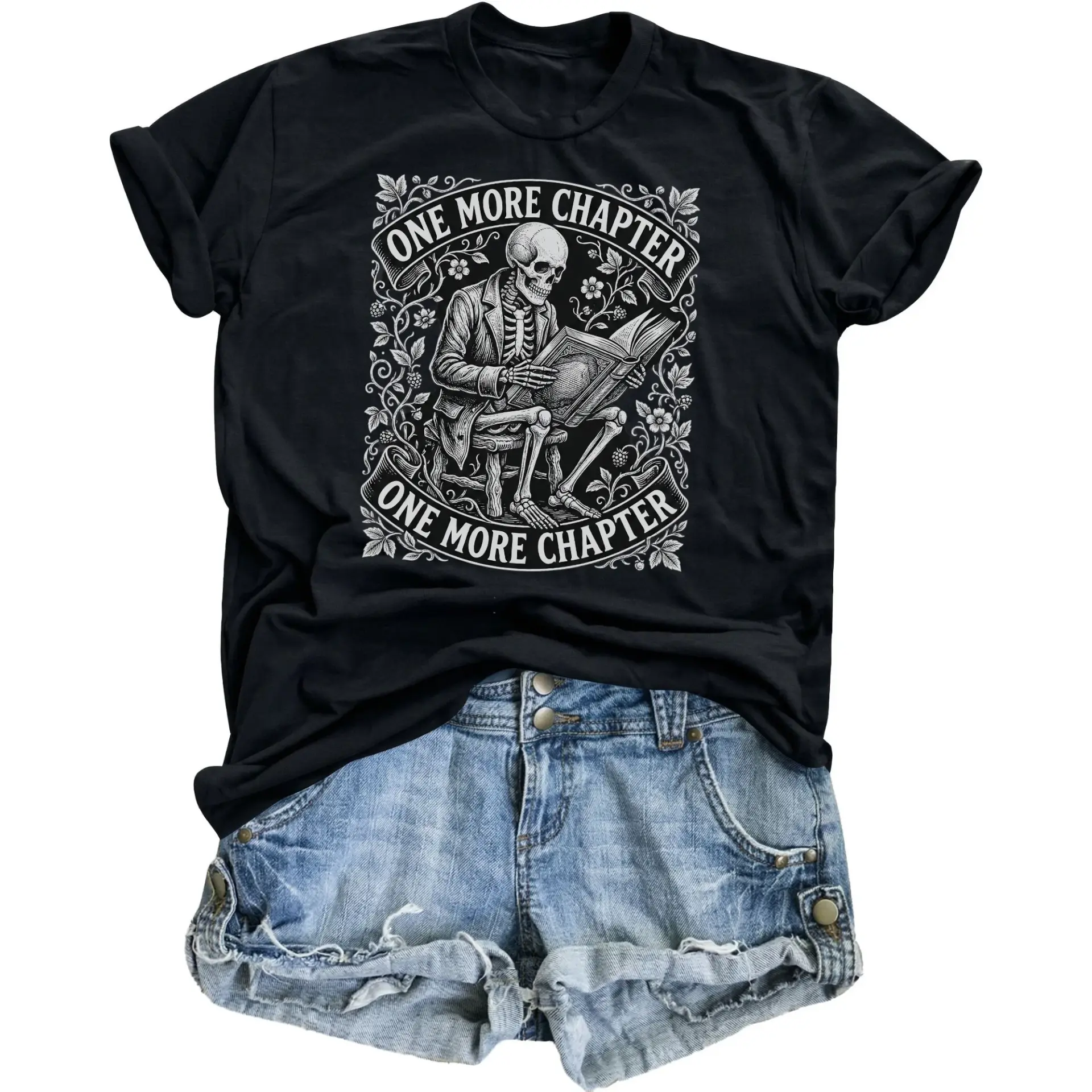 Graphic Tee Chapter Reading Skeleton Design Unisex Casual Cotton Crew Neck Short Sleeve Shirt Black