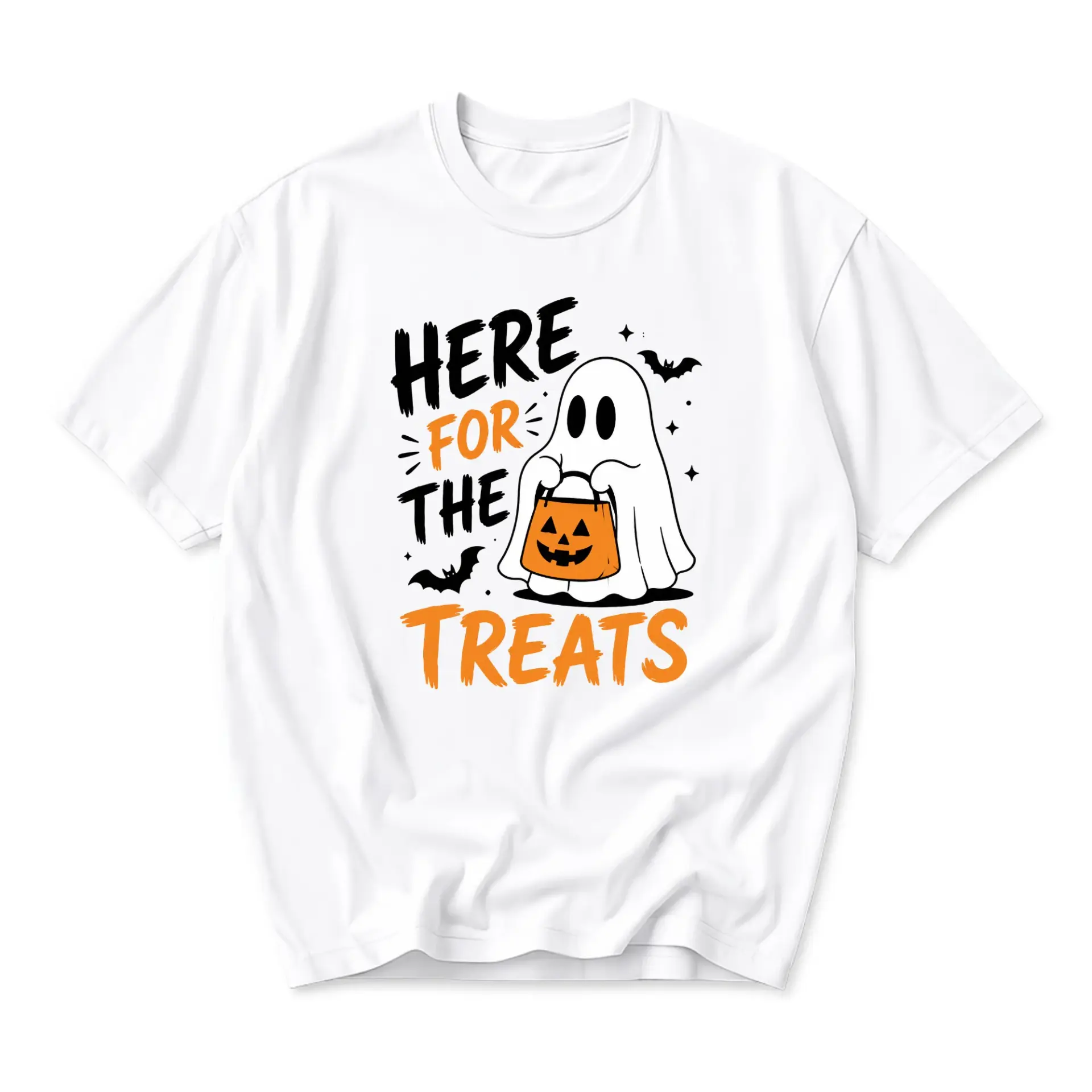 Funny Shirt Here for the Treats Halloween Ghost Graphic T-Shirt Casual Unisex Short Sleeve Cotton Blend Tee