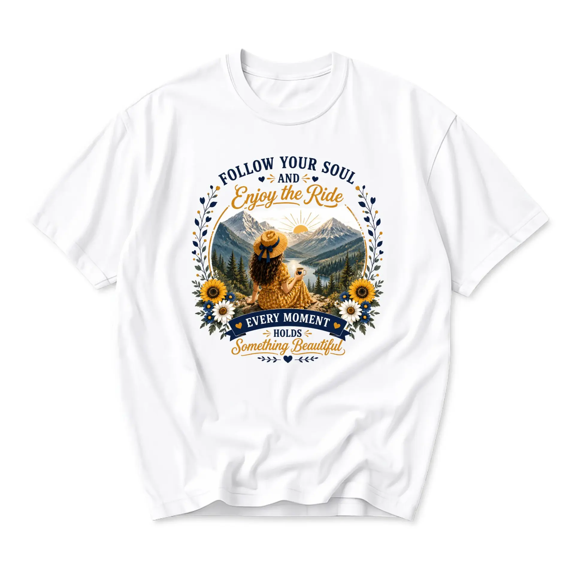 Graphic Tee Follow Your Soul Nature Inspired Mountain Landscape Art Print Unisex Casual Crew Neck Comfortable Shirt