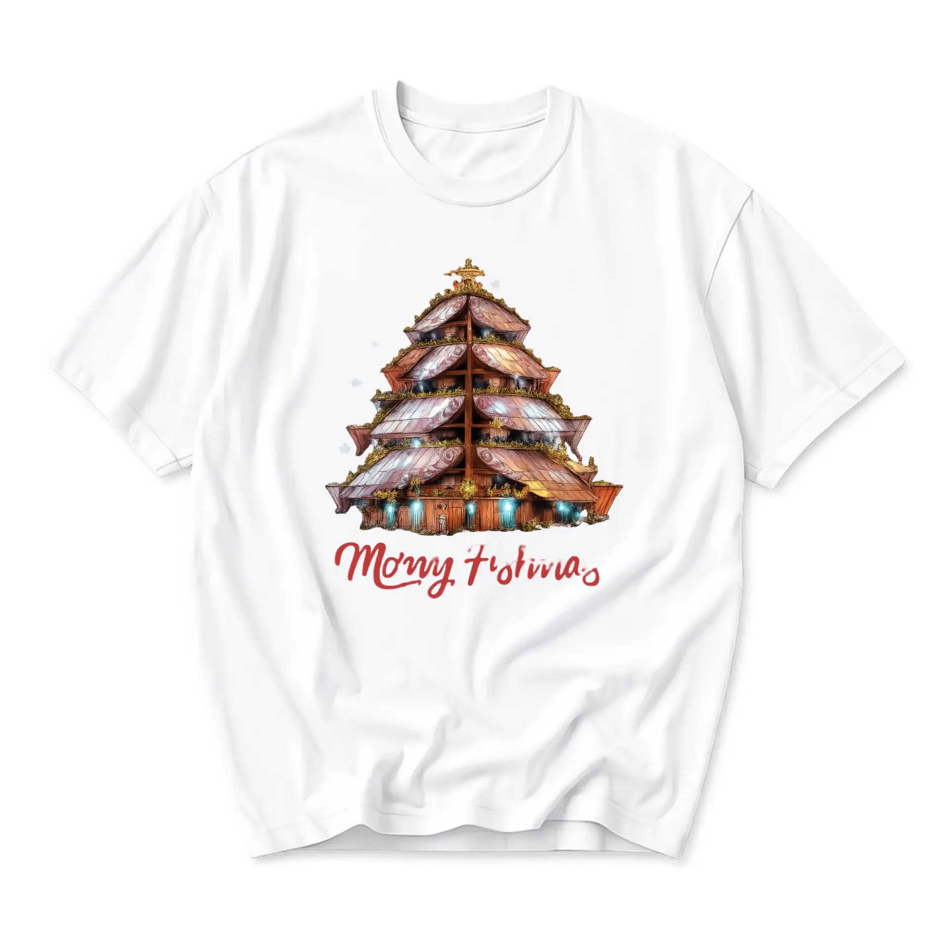 T-shirt Merry Holidays Graphic Tee Unique Architectural Pagoda Tree Design Unisex Casual Crew Neck Soft Cotton Top