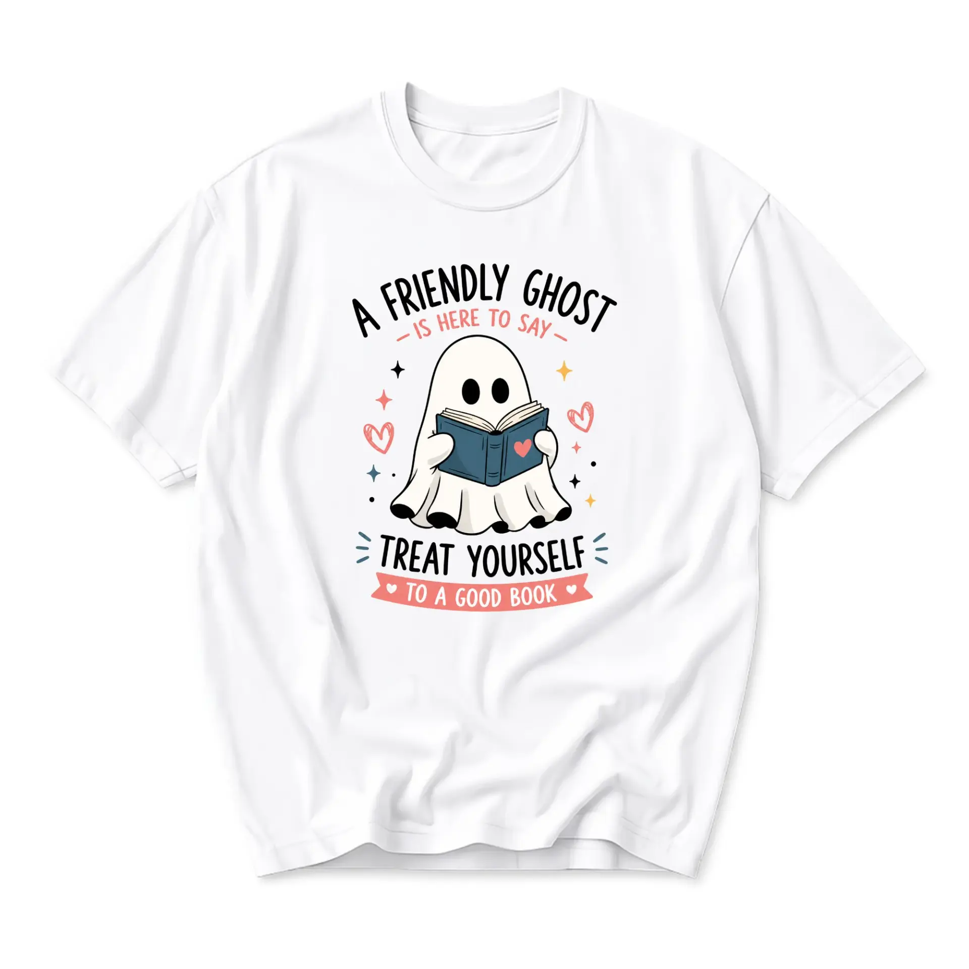 Graphic Tee Friendly Ghost Reading Book Illustration Unisex Casual Cotton Crew Neck Short Sleeve Shirt for Book Lovers