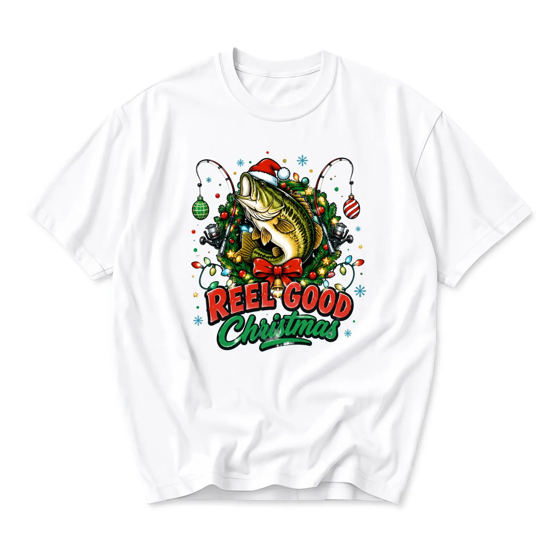 Funny Shirt Reel Good Christmas Graphic Tee Unisex Holiday Fishing Themed Crew Neck Casual Everyday Wear Apparel