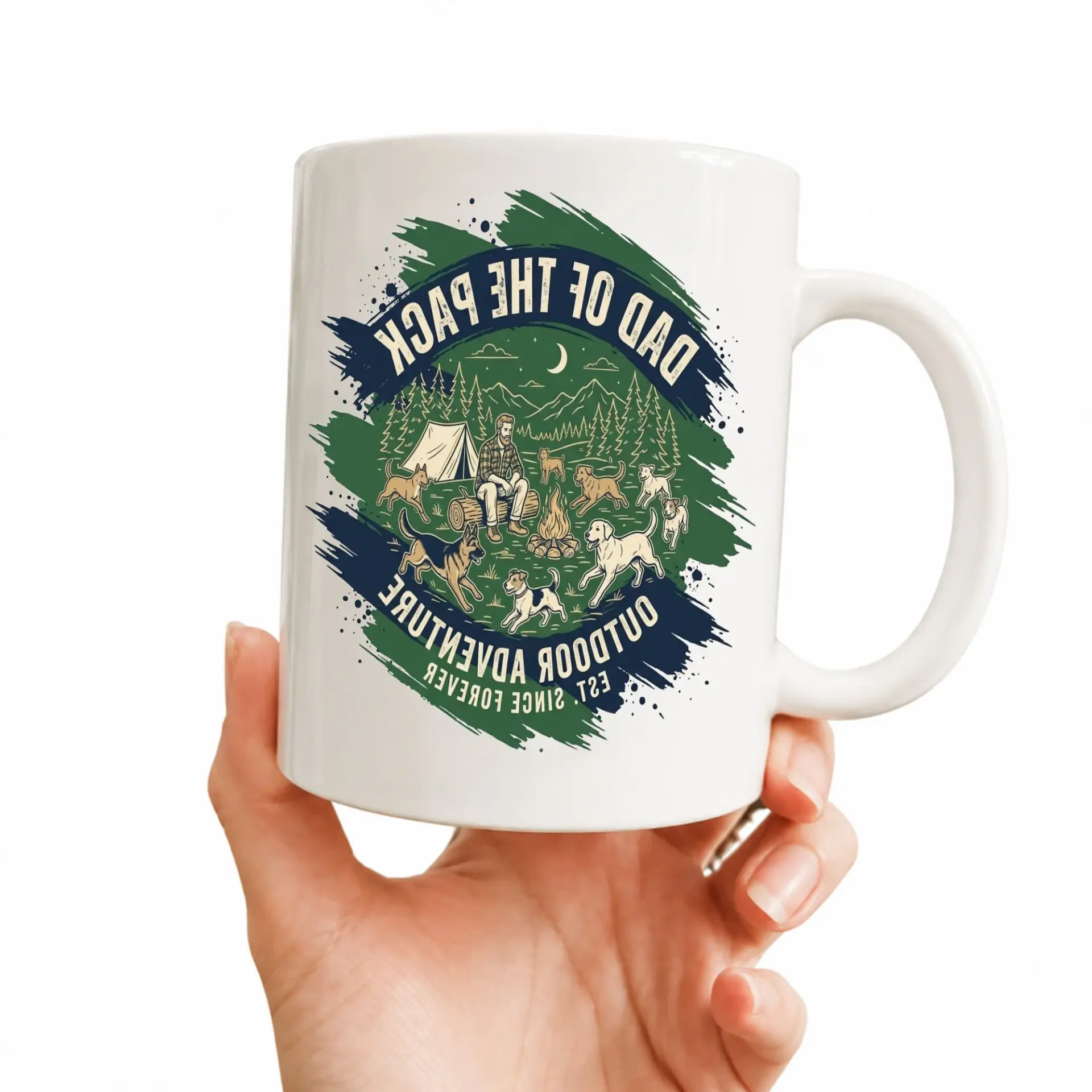 Dad of Outdoor Adventure Mug Ceramic Coffee Cup with Blue Handle for Camping and Hiking Enthusiast Drinkware