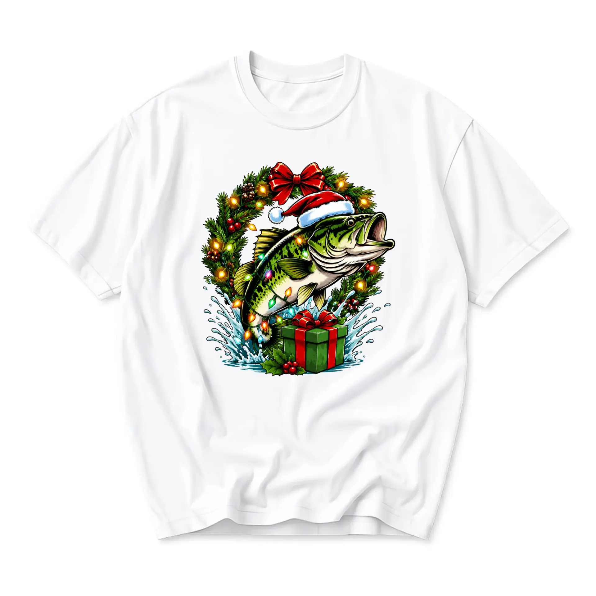 T-shirt Graphic Tee Featuring a Festive Christmas Fish Design with Holiday Wreath and Gift for Seasonal Outfits