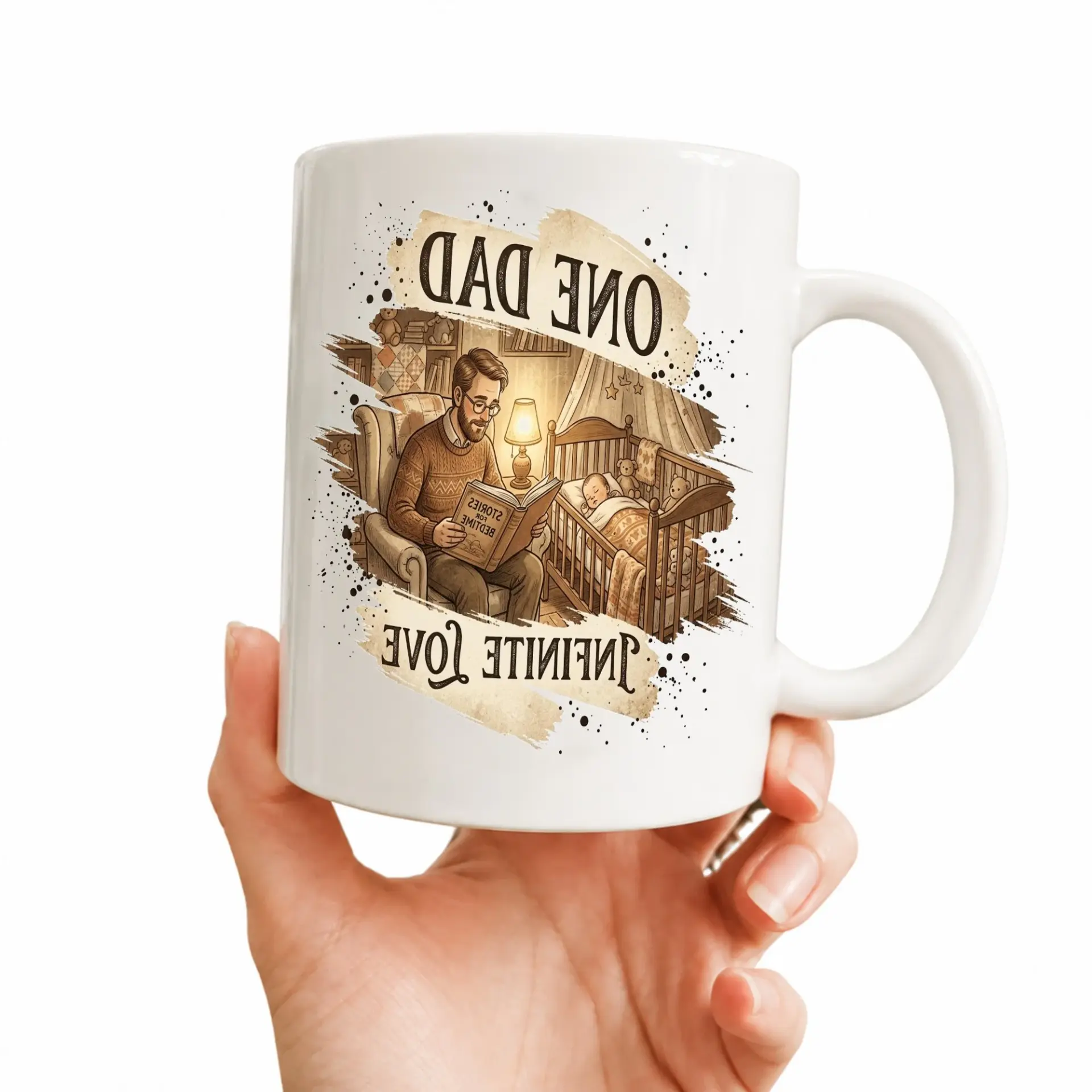 Heartfelt One Dad Infinite Love Ceramic Coffee Mug Featuring Illustrated Father Reading Story Design