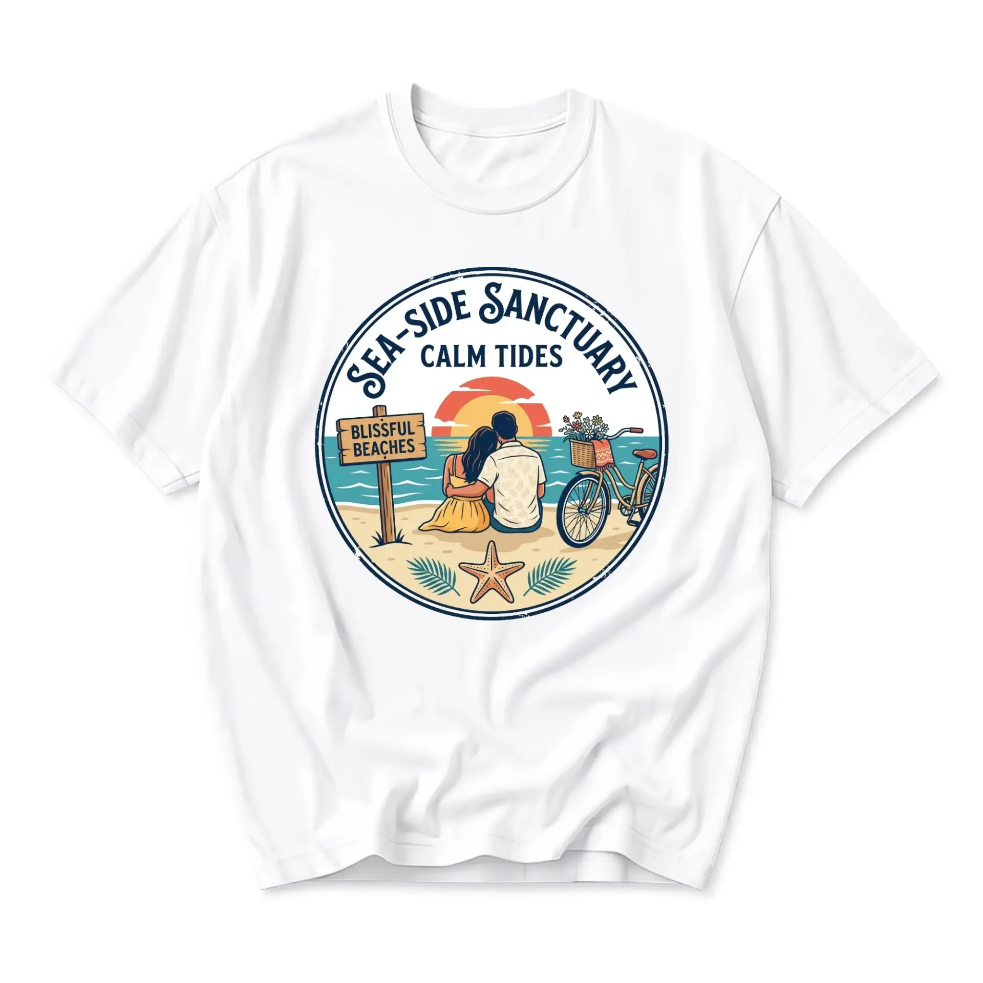 Graphic Tee Sea Side Sanctuary Calm Tides Unisex Crew Neck Short Sleeve Cotton Shirt for Casual Everyday Outfits