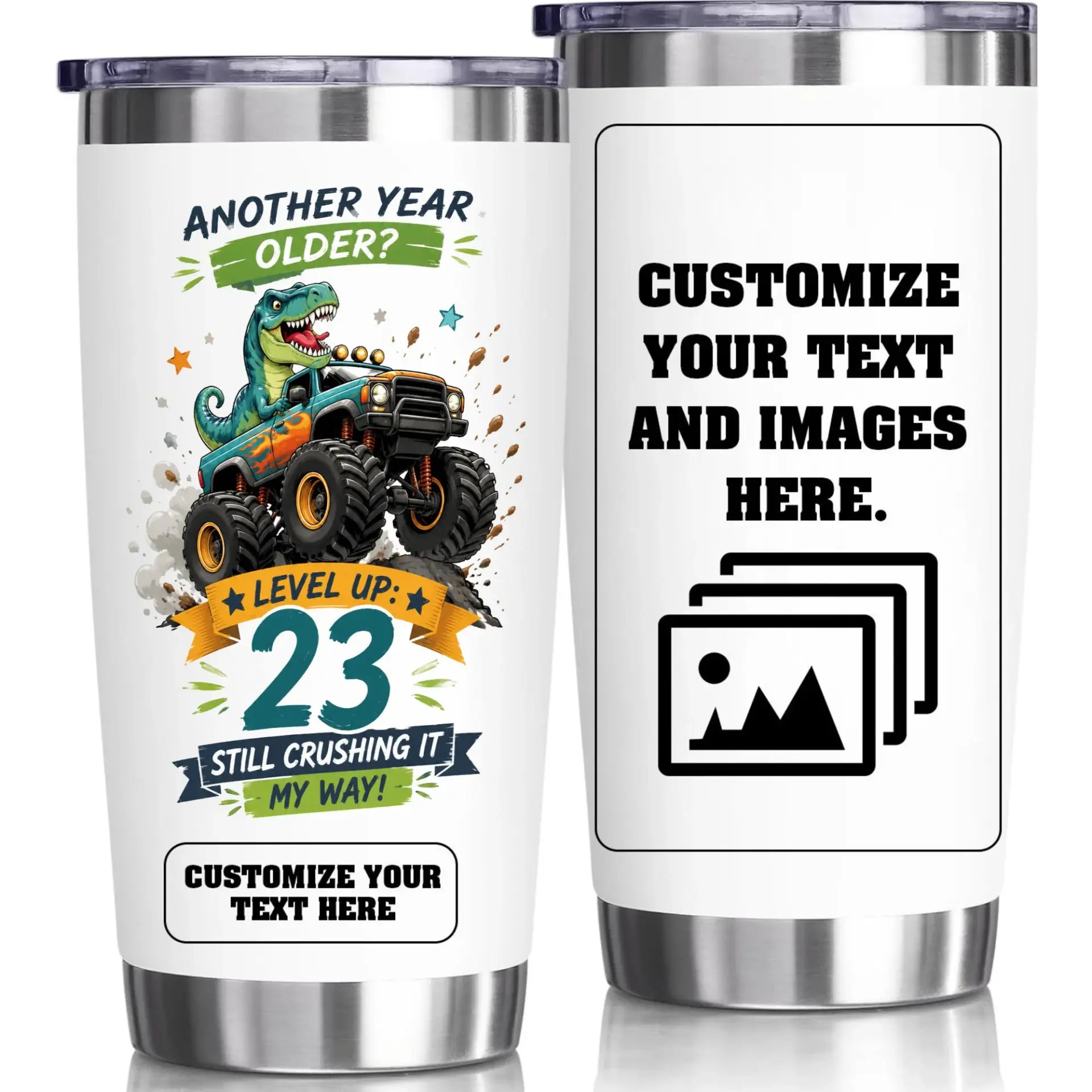 Stainless Steel Tumbler 20oz Funny Dinosaur Monster Truck Birthday Design Travel Mug Insulated Cup for Hot and Cold Drinks