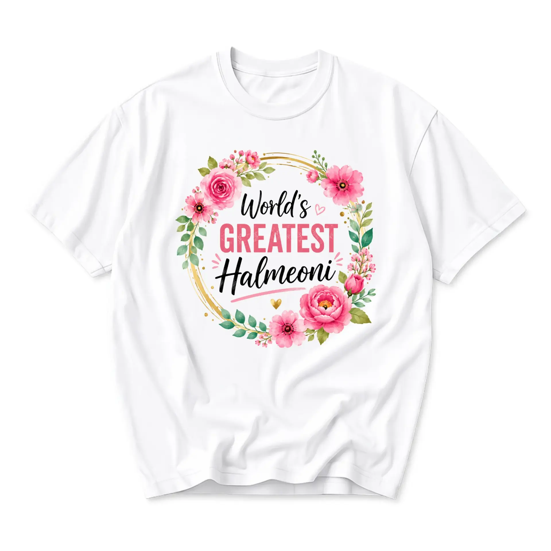 T-shirt World's Greatest Halmeoni Graphic Tee Floral Wreath Design Casual Unisex Crew Neck Top Gift for Grandmother