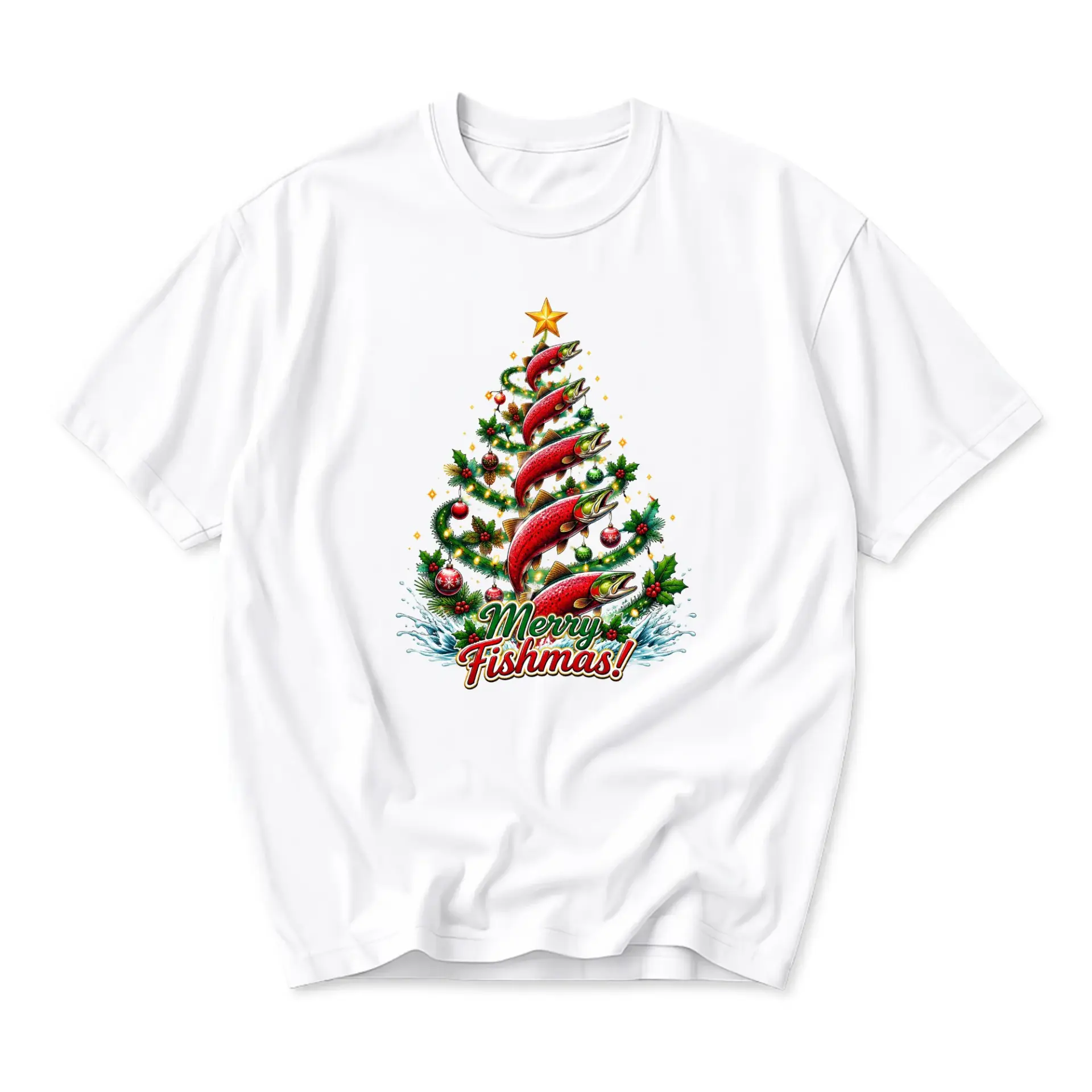 Funny Shirt Merry Fishmas Holiday Graphic Tee Unisex Short Sleeve Crew Neck Cotton Casual Summer Apparel for Fisherman